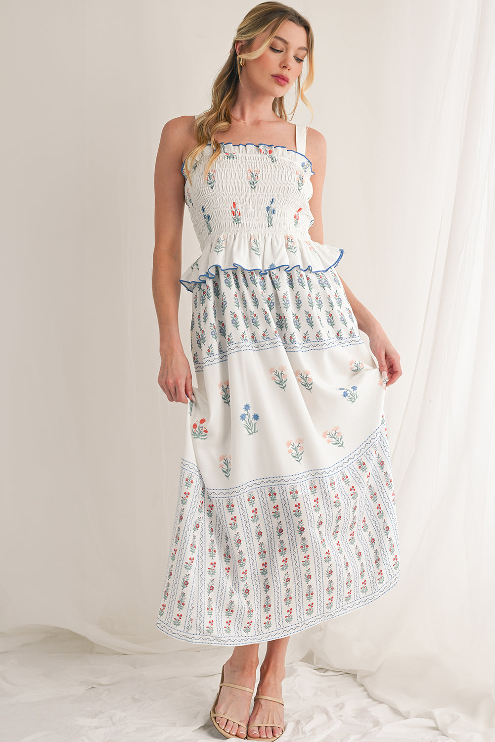 White Floral Print Frill Smocked Bodice Boho Dress - MAD RUFFI