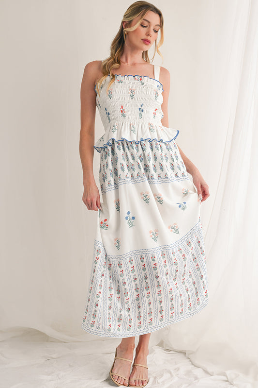 White Floral Print Frill Smocked Bodice Boho Dress - MAD RUFFI