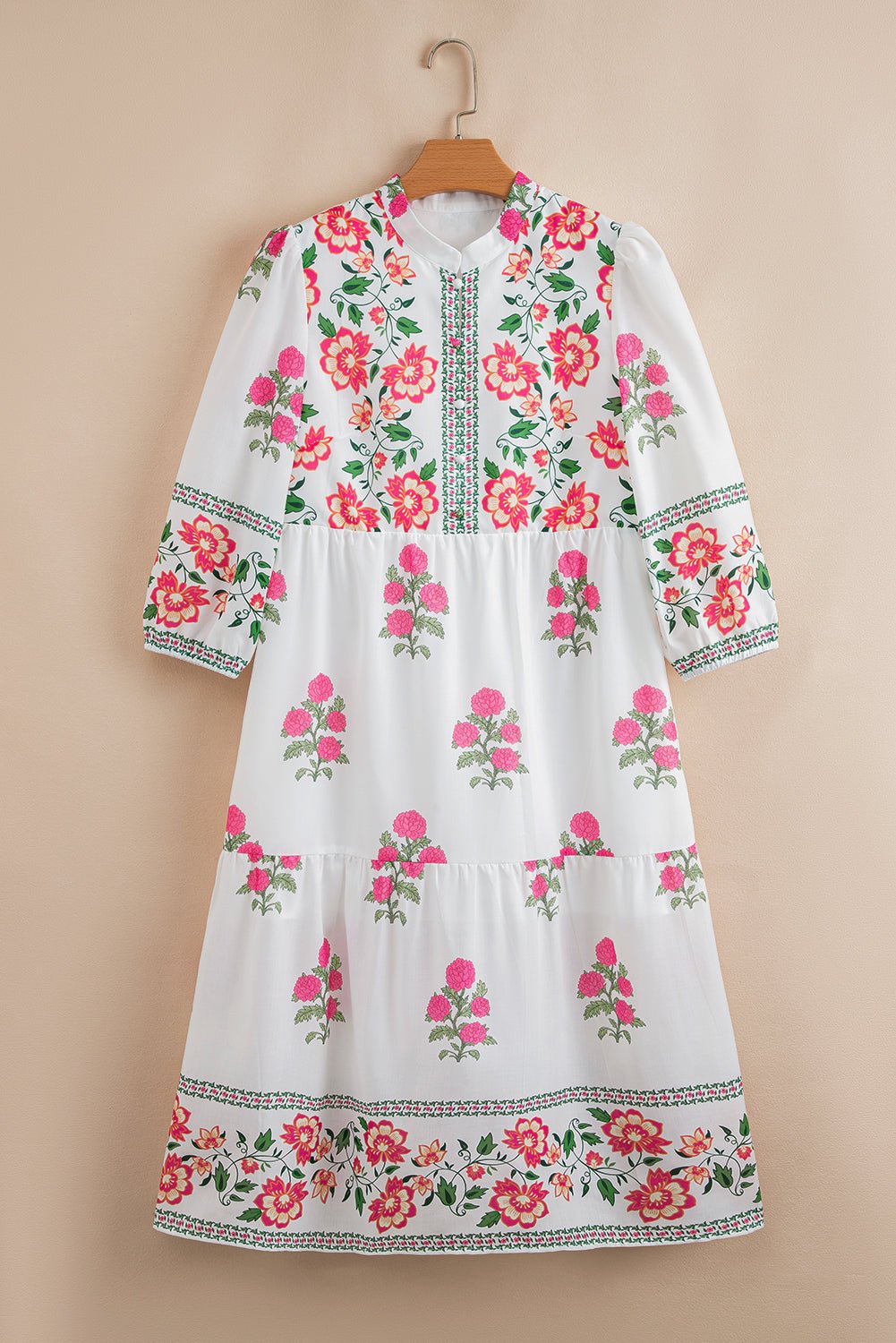 White Floral Print Loose Tiered Maxi Dress - MAD RUFFI