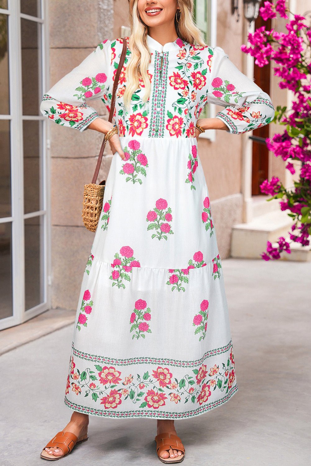 White Floral Print Loose Tiered Maxi Dress - MAD RUFFI