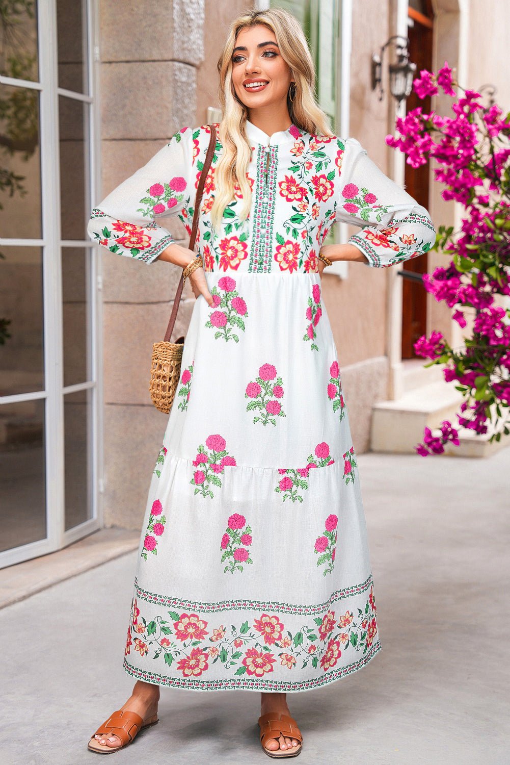 White Floral Print Loose Tiered Maxi Dress - MAD RUFFI