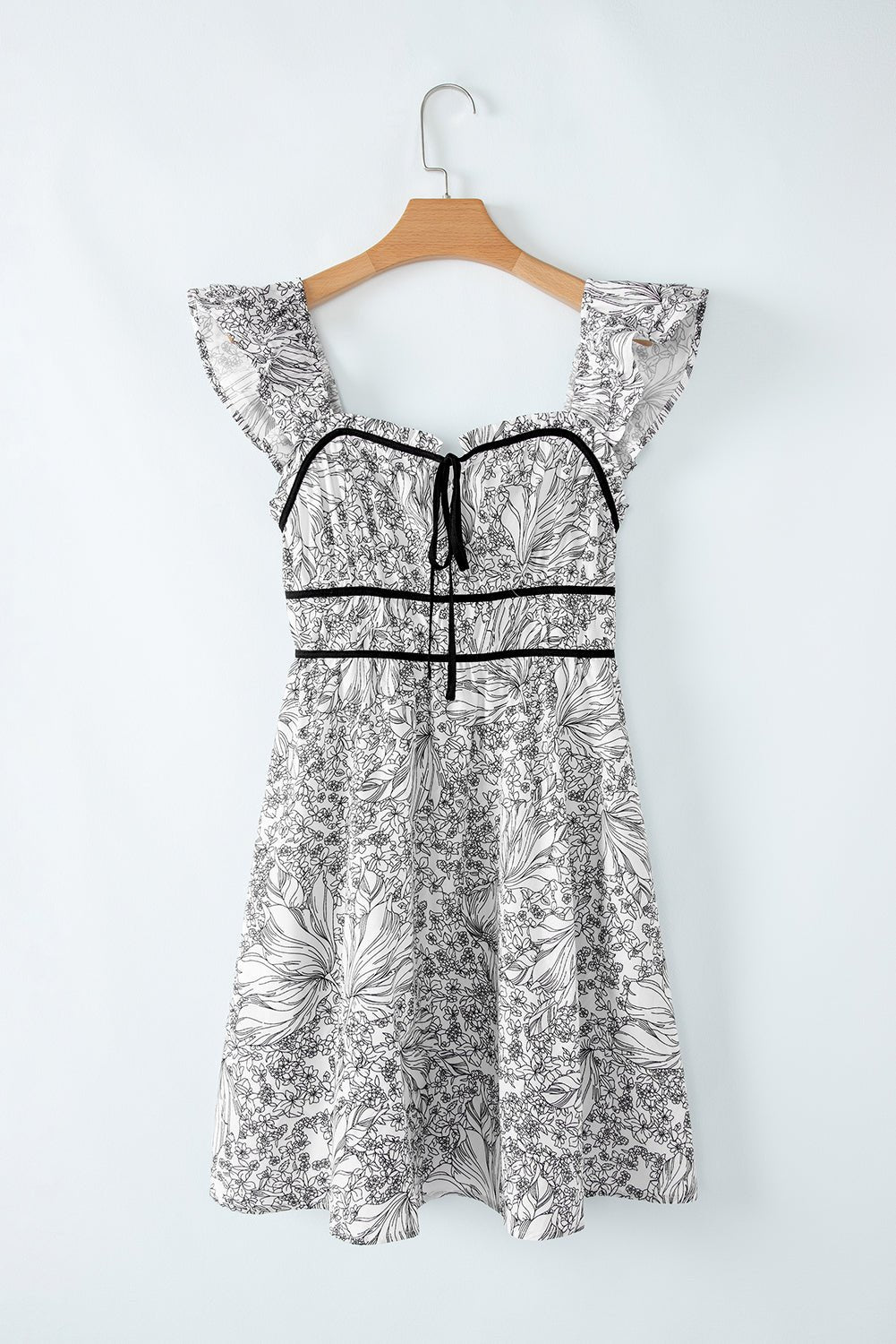 White Floral Print Piping Trim Flutter Sleeve Mini Dress - MAD RUFFI