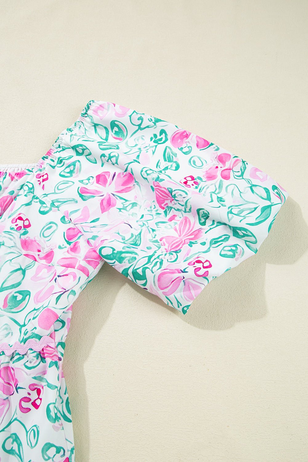 White Floral Print Ric - rac Trim Square Neck Plus Size Mini Dress - MAD RUFFI