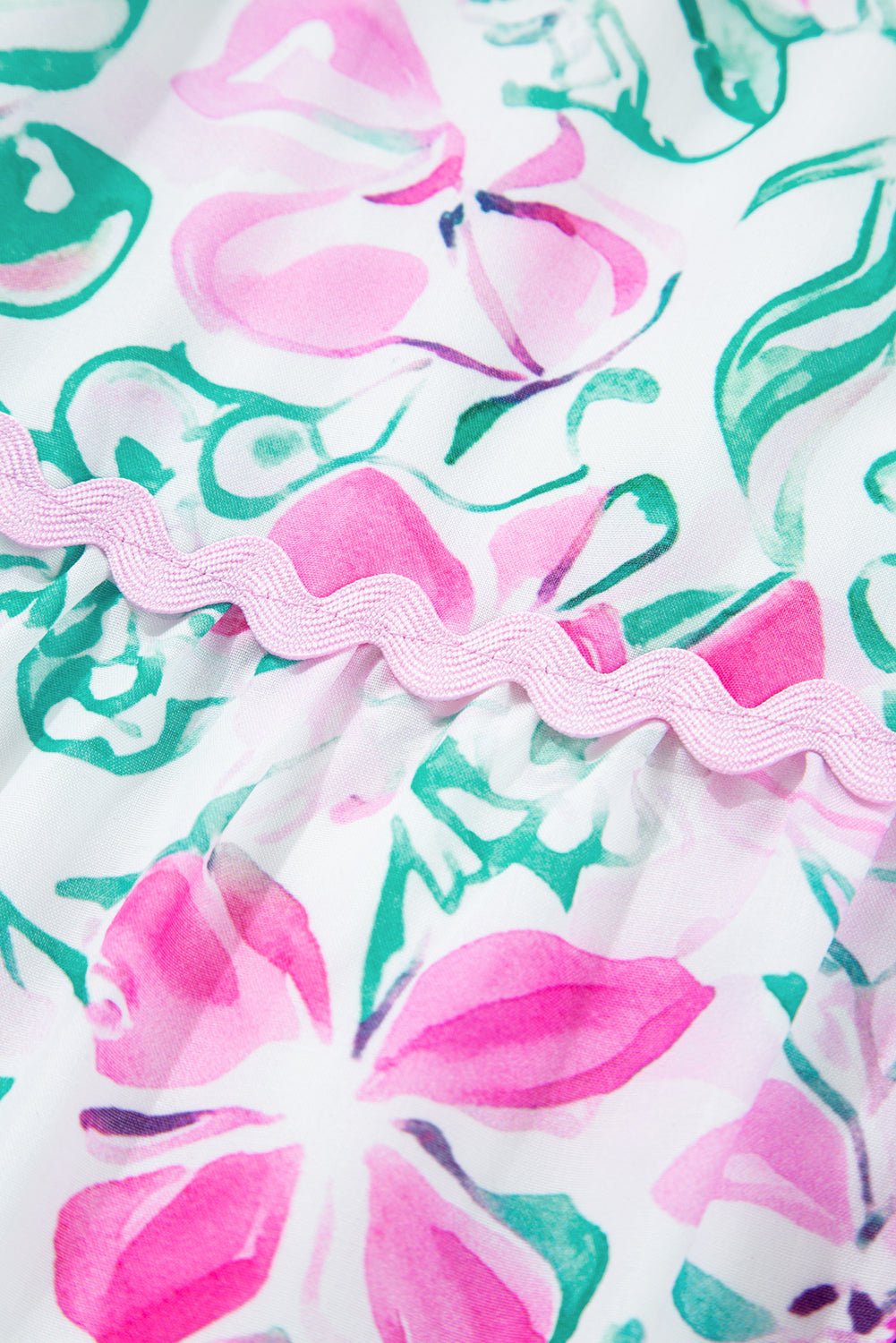 White Floral Print Ric - rac Trim Square Neck Plus Size Mini Dress - MAD RUFFI