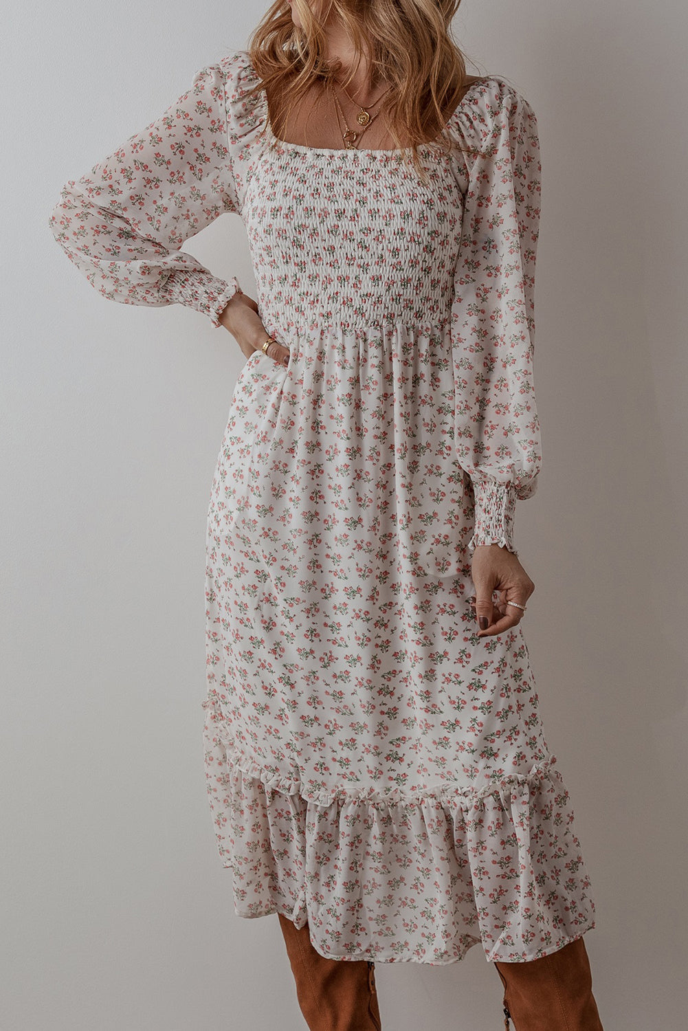 White Floral Print Shirred Ruffled Hem Square Neck Midi Dress - MAD RUFFI