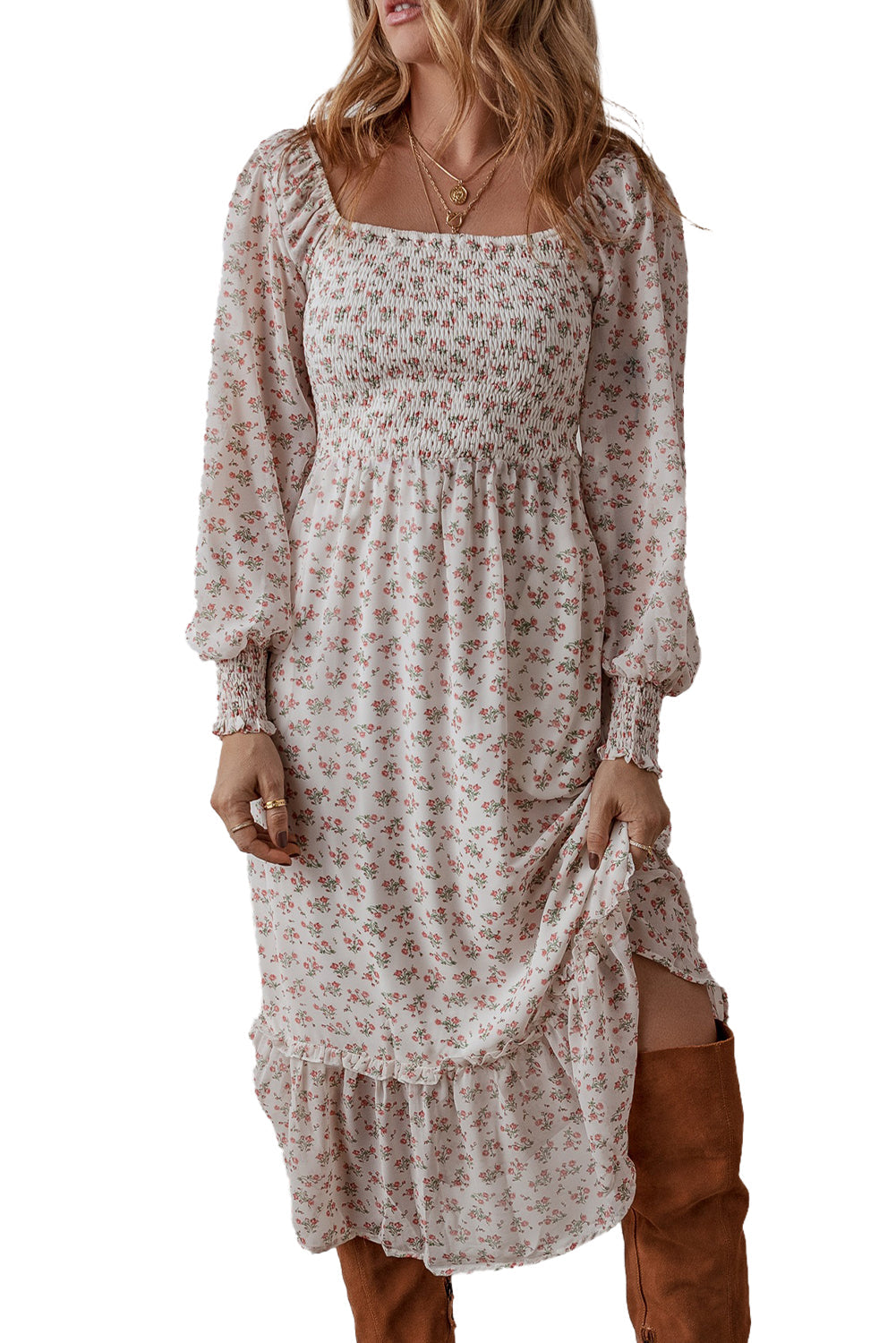 White Floral Print Shirred Ruffled Hem Square Neck Midi Dress - MAD RUFFI