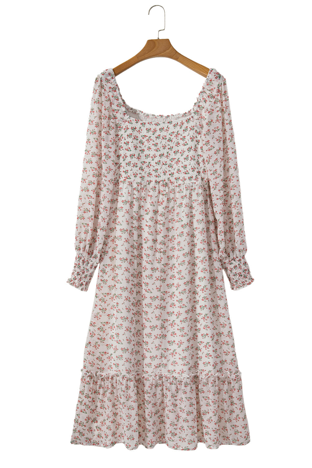 White Floral Print Shirred Ruffled Hem Square Neck Midi Dress - MAD RUFFI