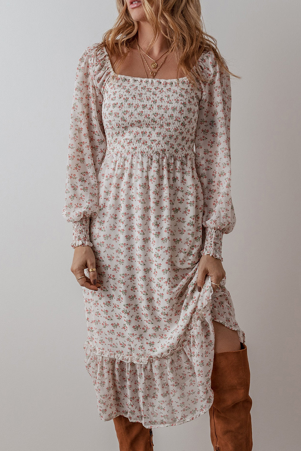 White Floral Print Shirred Ruffled Hem Square Neck Midi Dress - MAD RUFFI