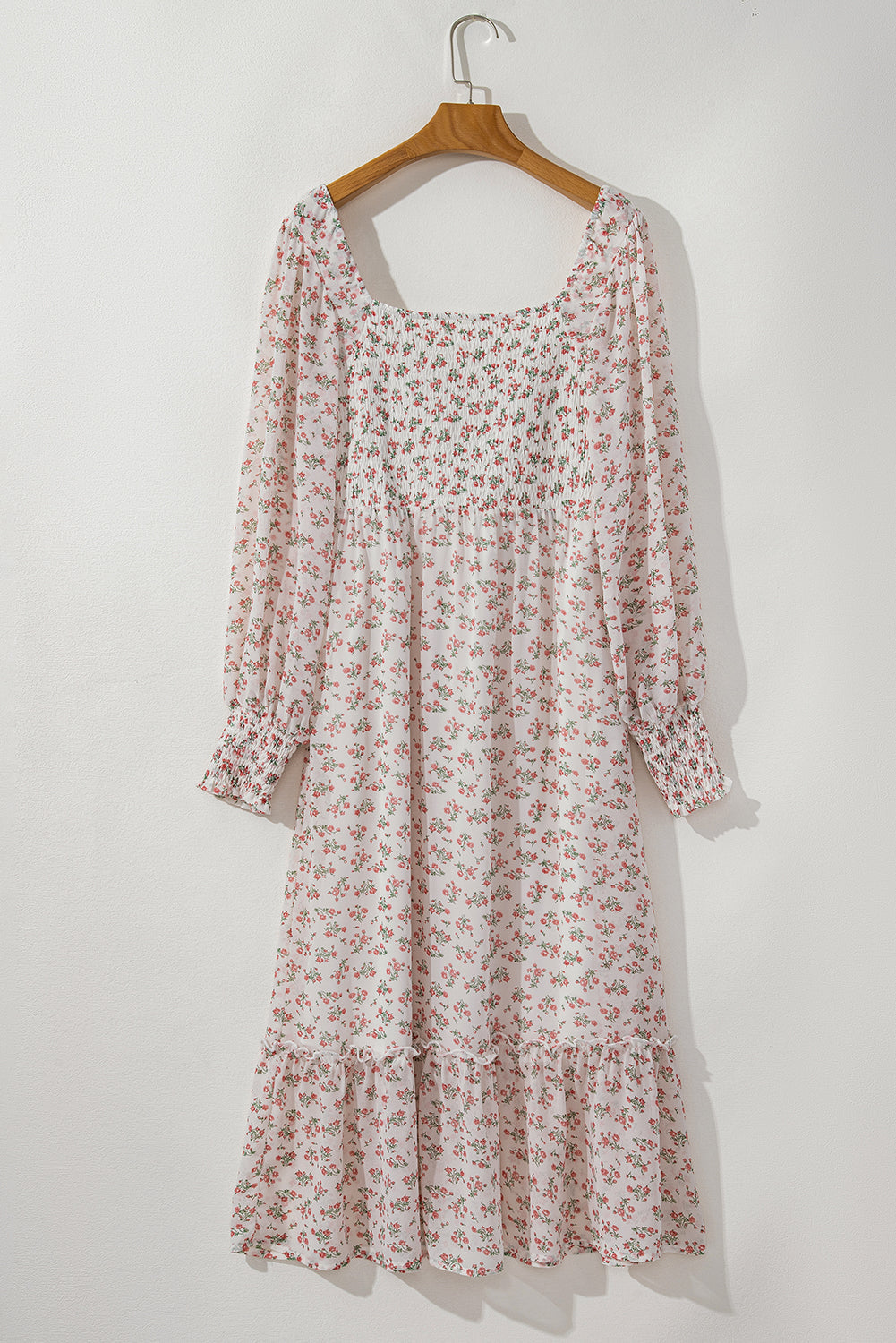 White Floral Print Shirred Ruffled Hem Square Neck Midi Dress - MAD RUFFI