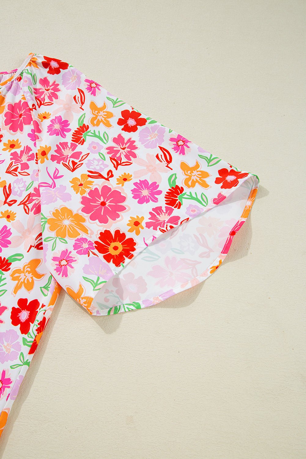 White Floral Print Split V Neck Flounce Sleeve Plus Size Blouse - MAD RUFFI