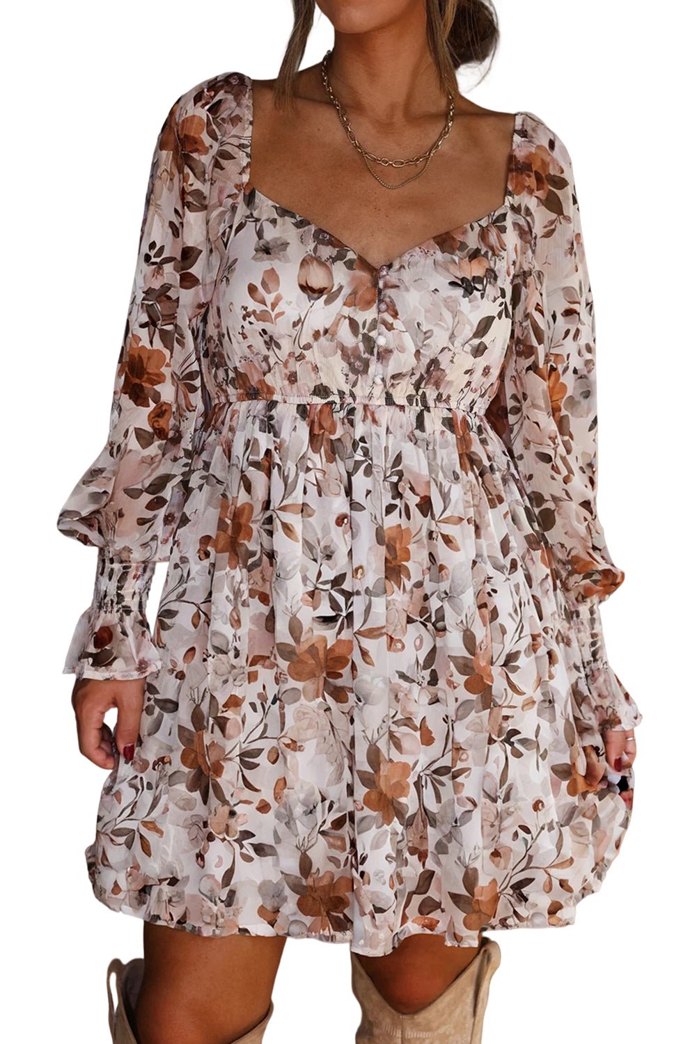White Floral Print Sweetheart Neck High Waist Mini Dress - MAD RUFFI