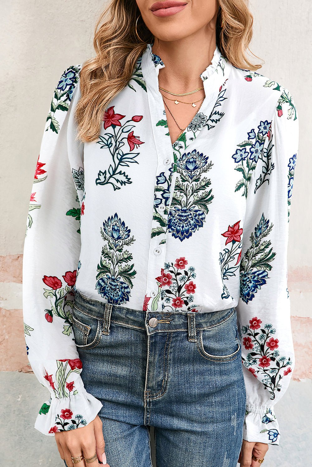 White Floral Print V Neck Loose Drop Sleeve Shirt - MAD RUFFI