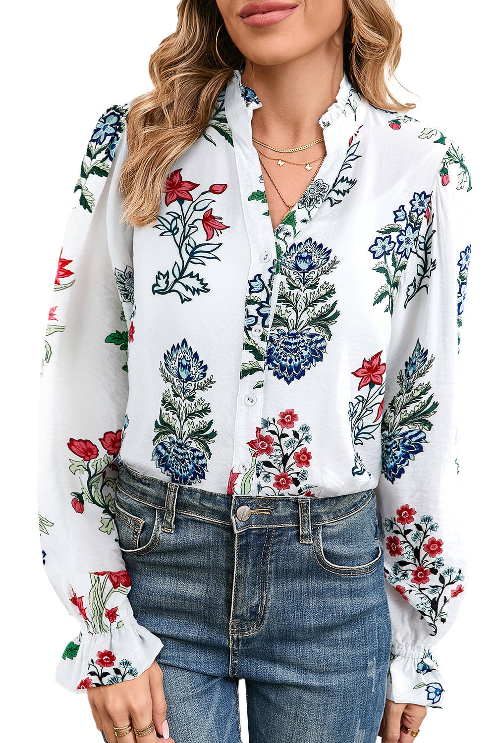 White Floral Print V Neck Loose Drop Sleeve Shirt - MAD RUFFI