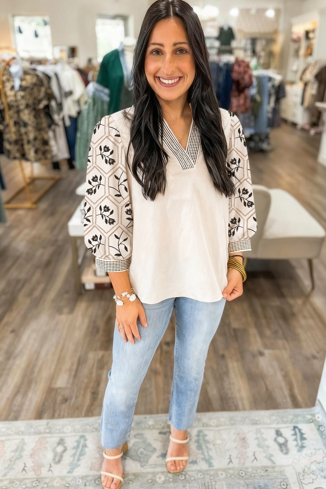 White Floral Puff Sleeve Contrast V Neck Patchwork Blouse - MAD RUFFI