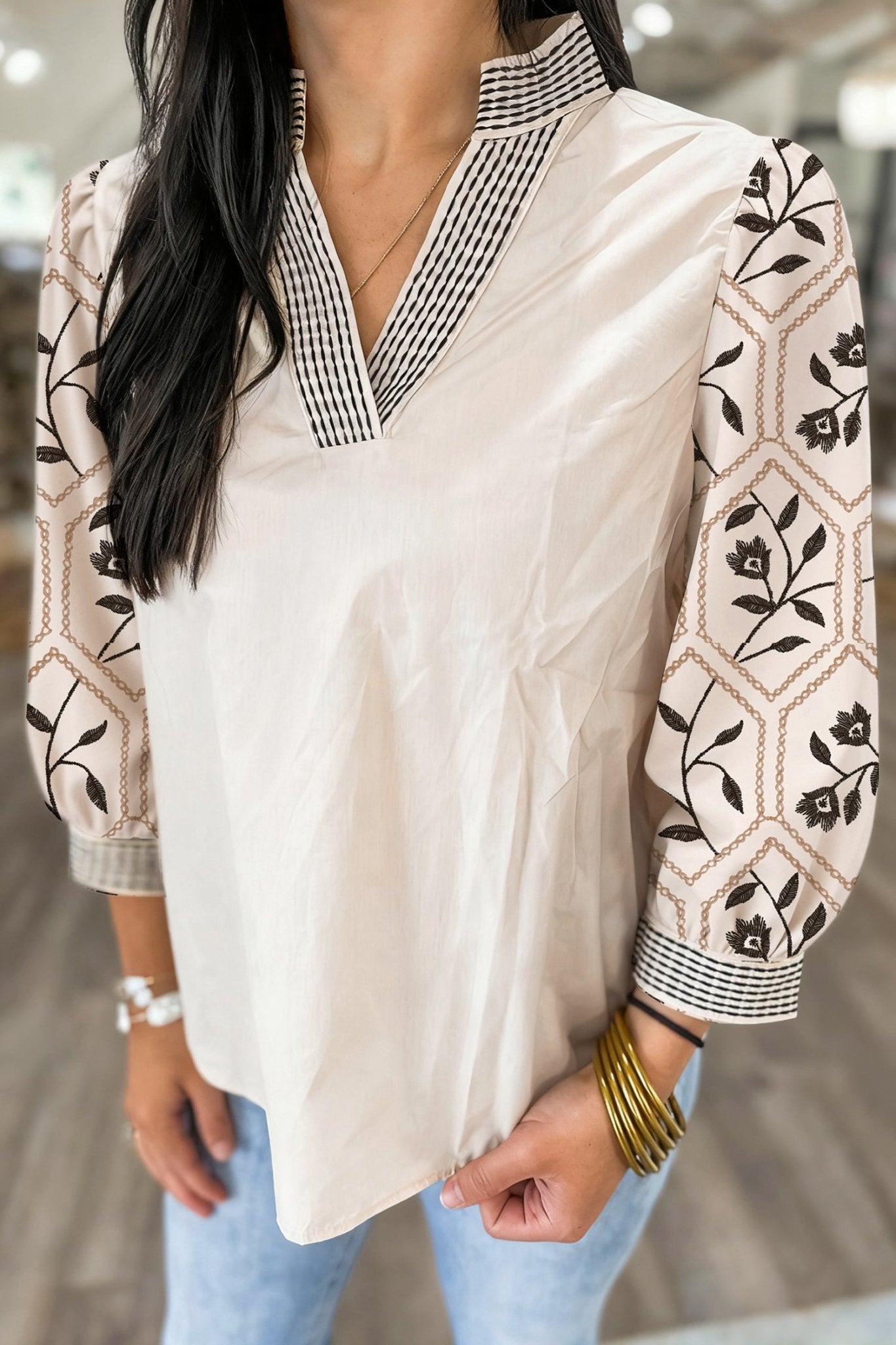 White Floral Puff Sleeve Contrast V Neck Patchwork Blouse - MAD RUFFI