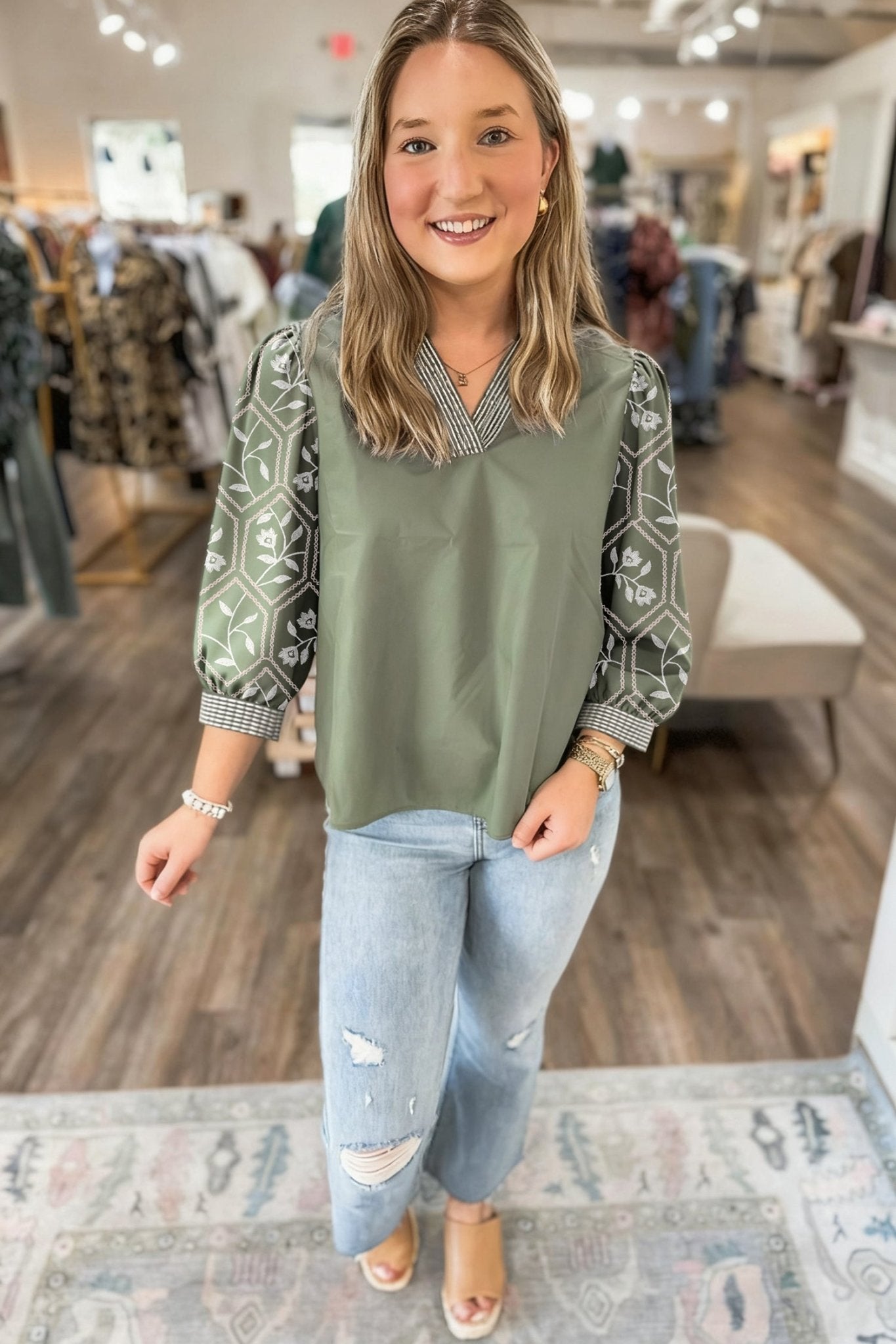 White Floral Puff Sleeve Contrast V Neck Patchwork Blouse - MAD RUFFI