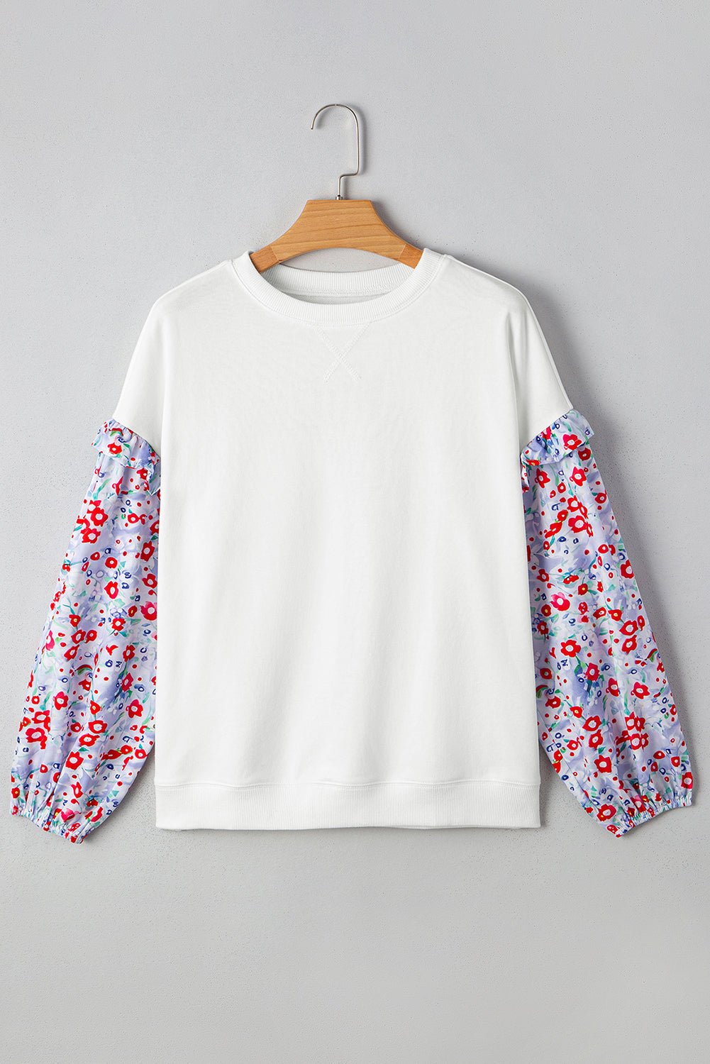 White Floral Ruffle Balloon Sleeve Patchwork Loose Blouse - MAD RUFFI