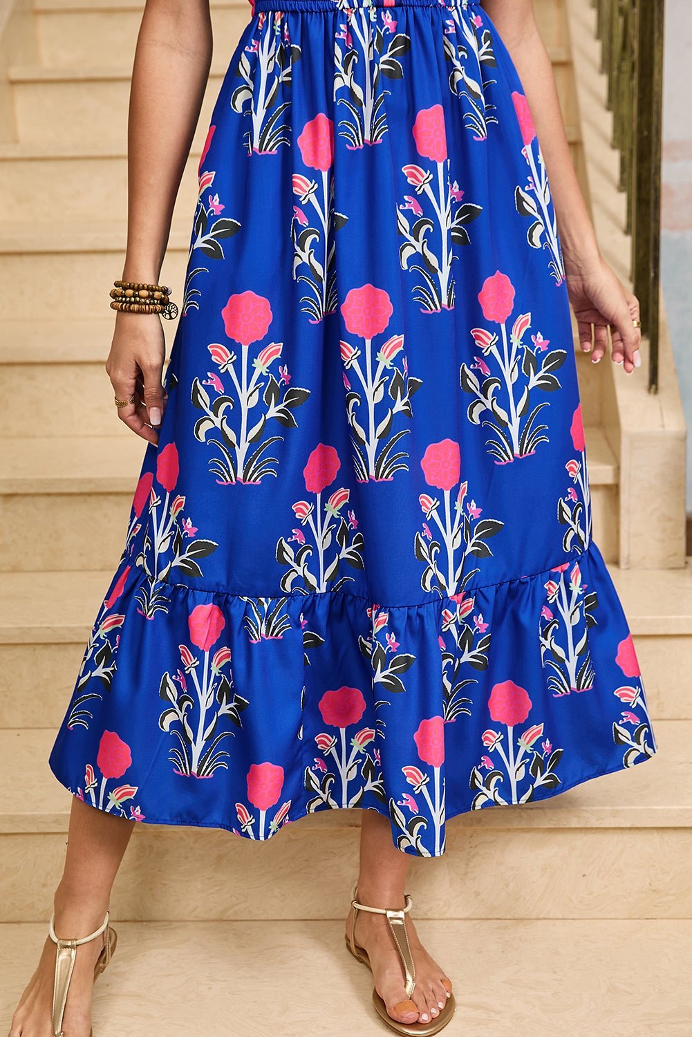 White Floral Ruffle Hem Pop of Color Neckline Dress - MAD RUFFI