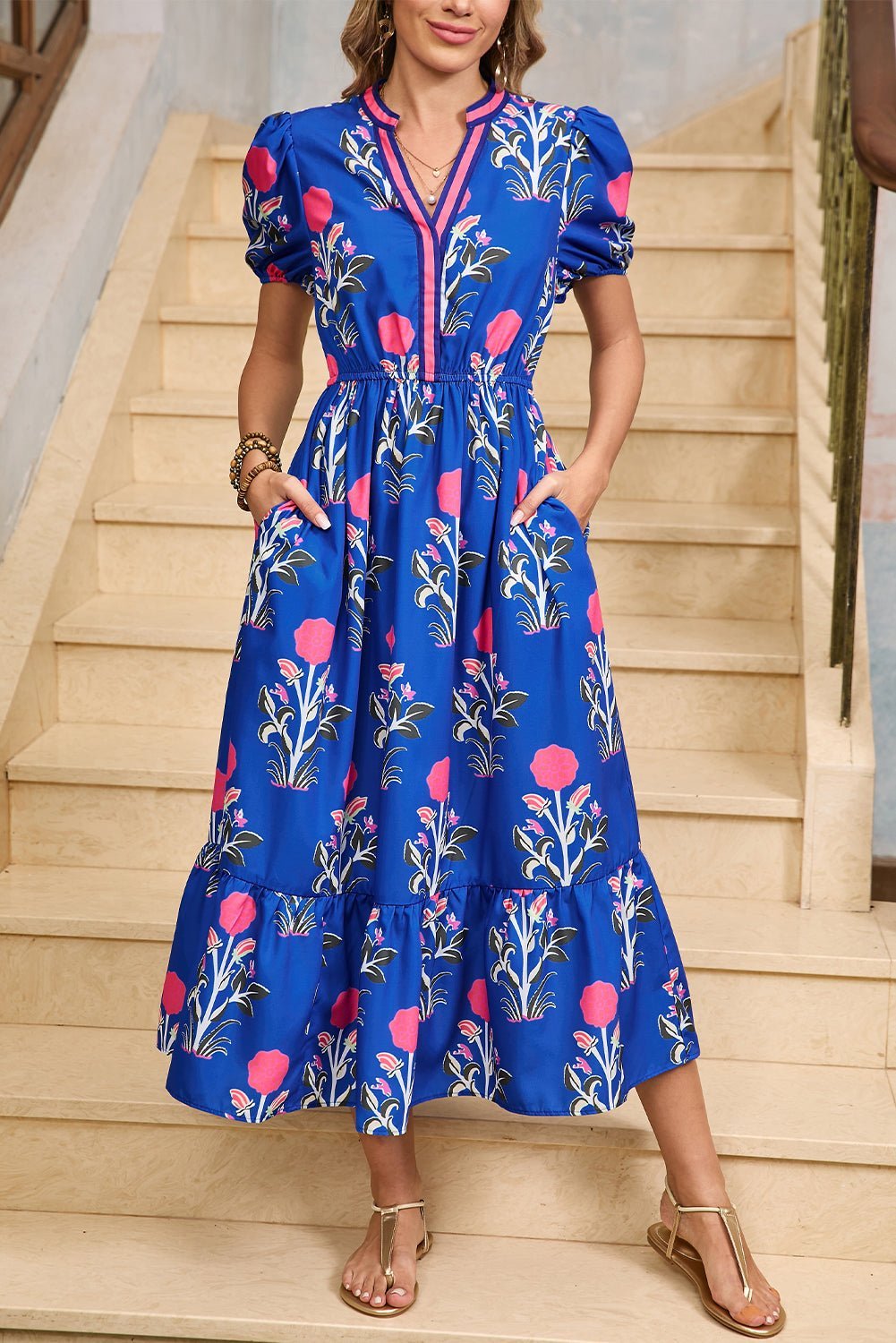 White Floral Ruffle Hem Pop of Color Neckline Dress - MAD RUFFI