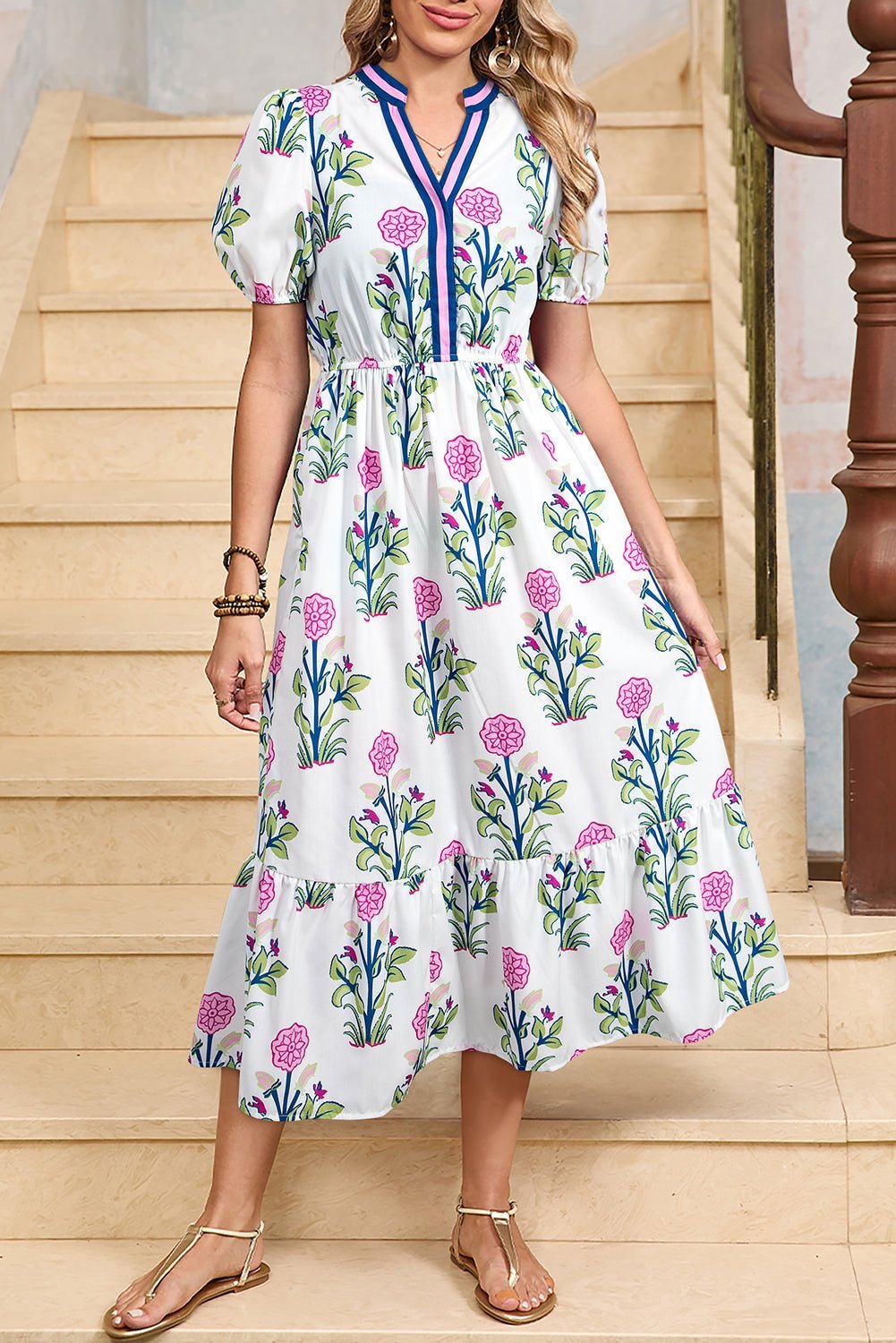 White Floral Ruffle Hem Pop of Color Neckline Dress - MAD RUFFI