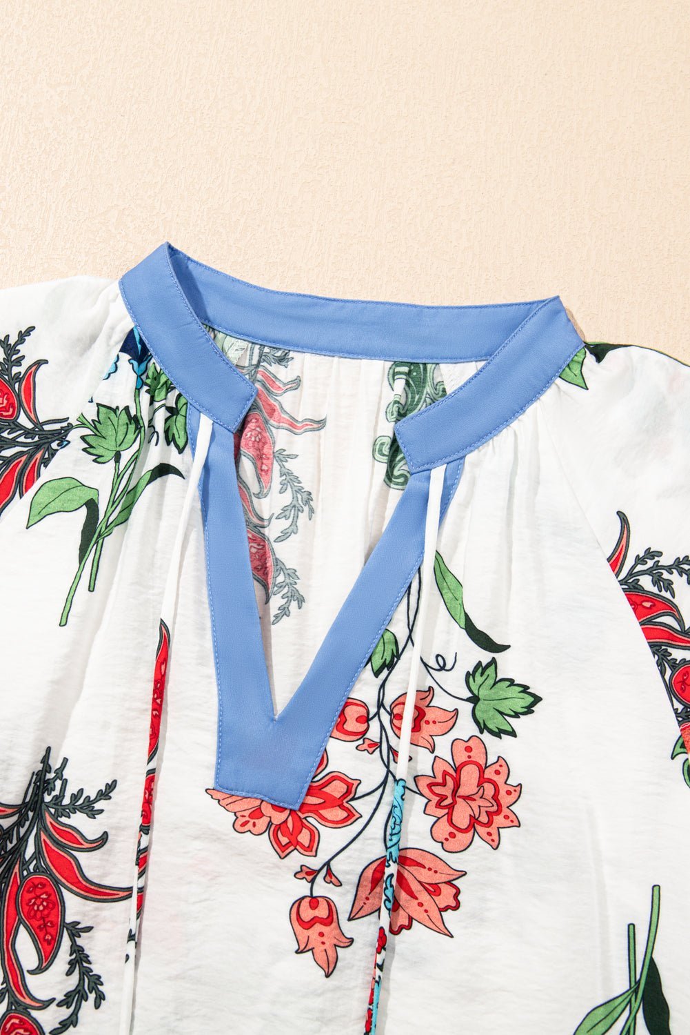 White Floral Tassel Tie V - Neck Lace Trim Ruffle Blouse - MAD RUFFI