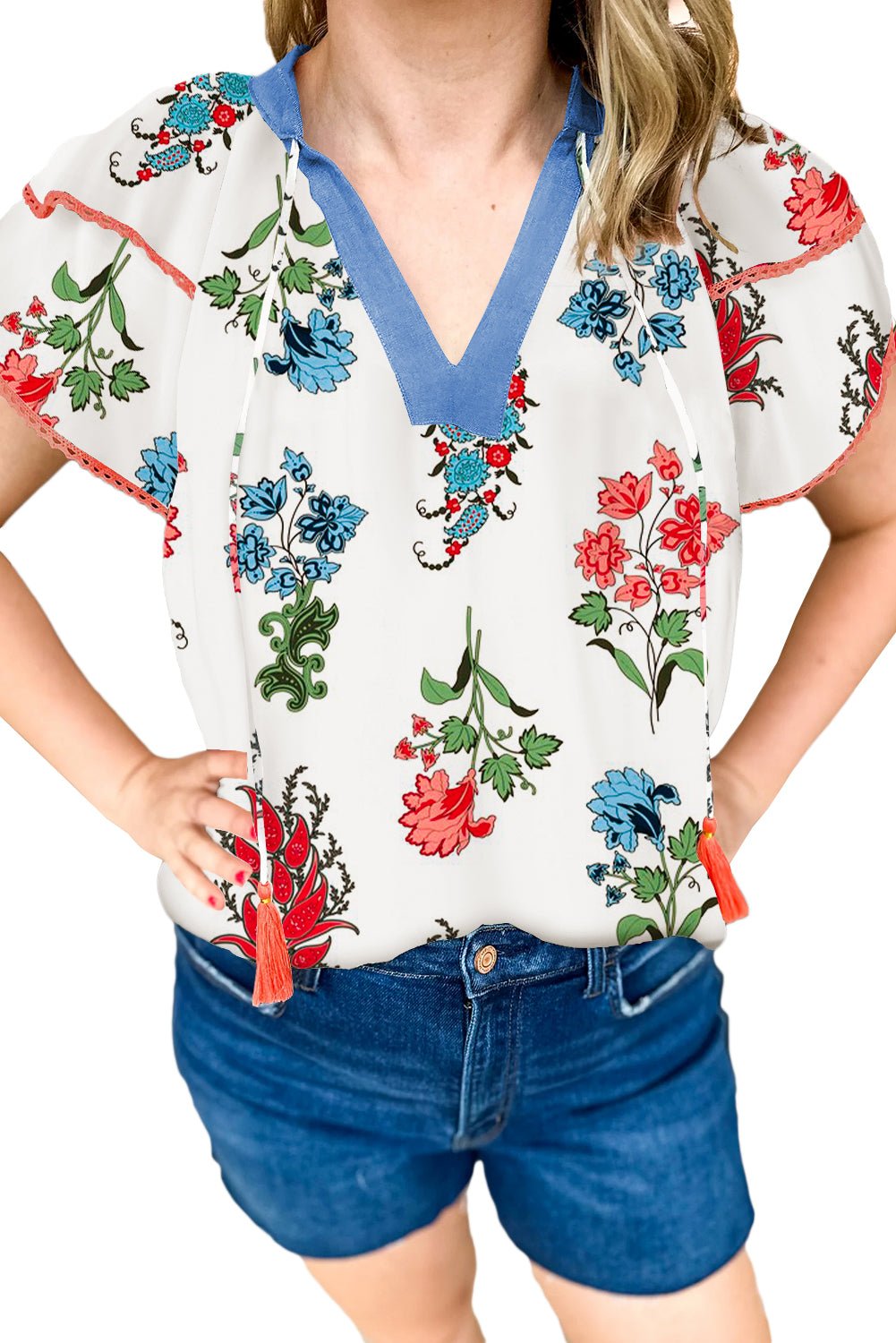 White Floral Tassel Tie V - Neck Lace Trim Ruffle Blouse - MAD RUFFI