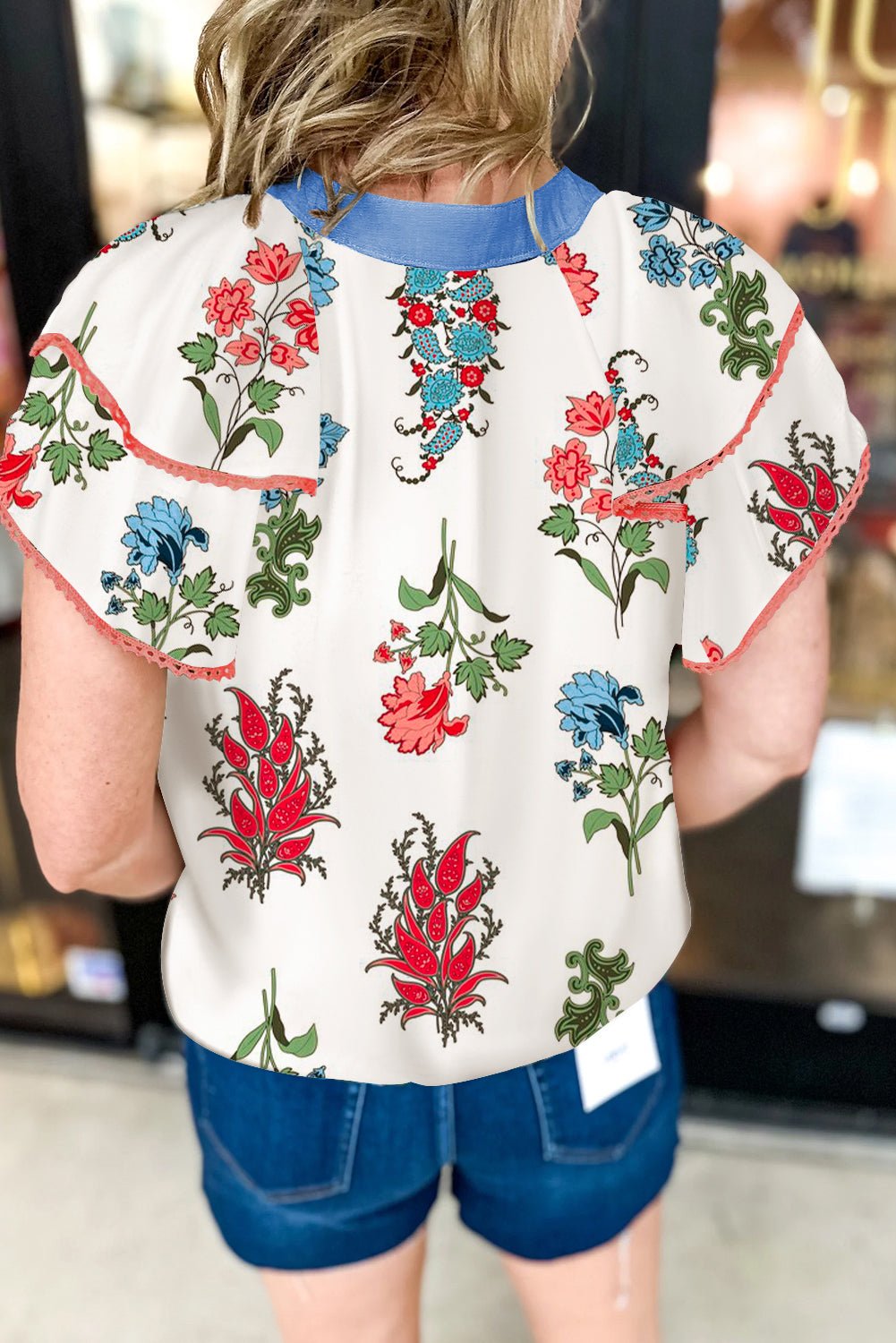 White Floral Tassel Tie V - Neck Lace Trim Ruffle Blouse - MAD RUFFI