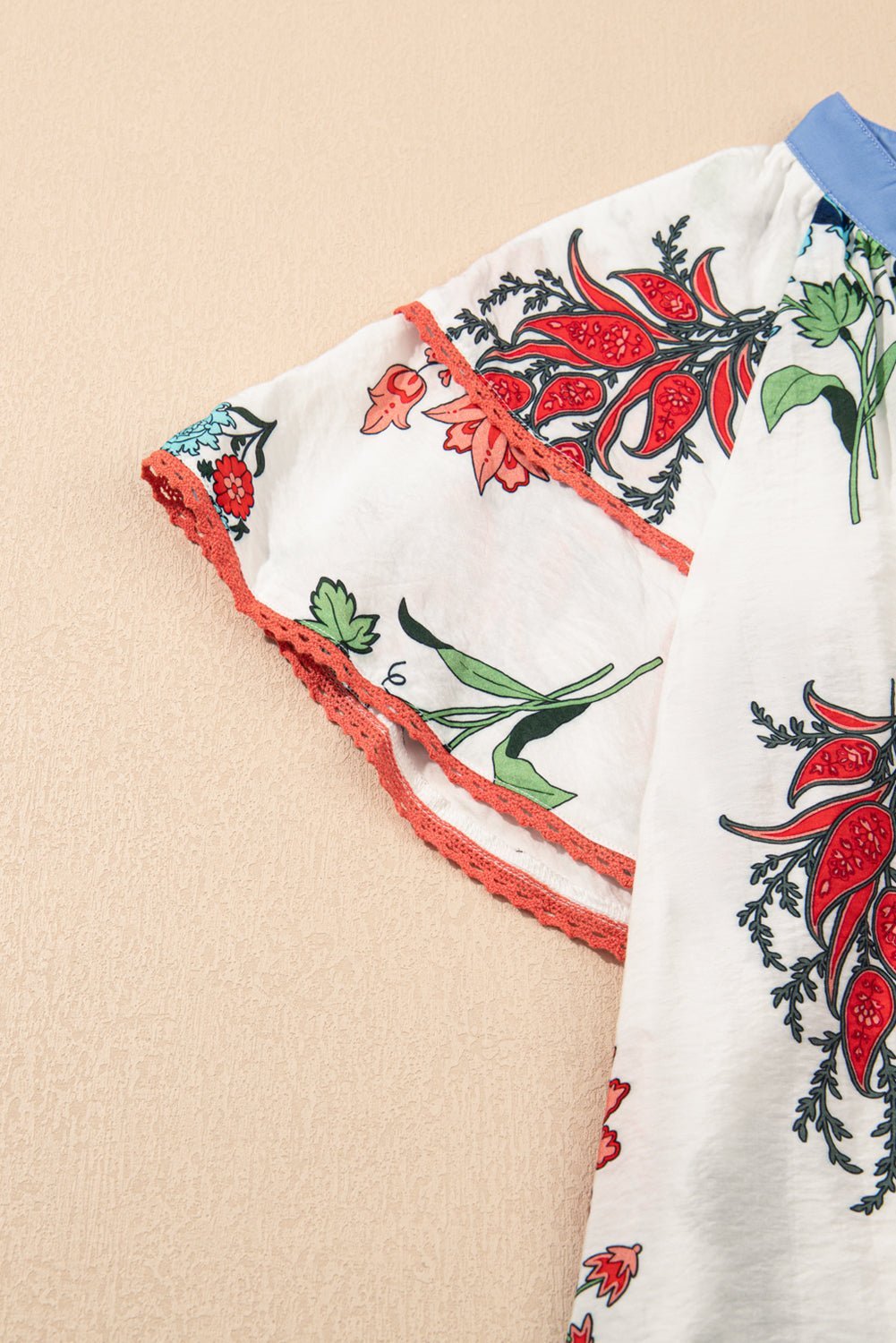 White Floral Tassel Tie V - Neck Lace Trim Ruffle Blouse - MAD RUFFI