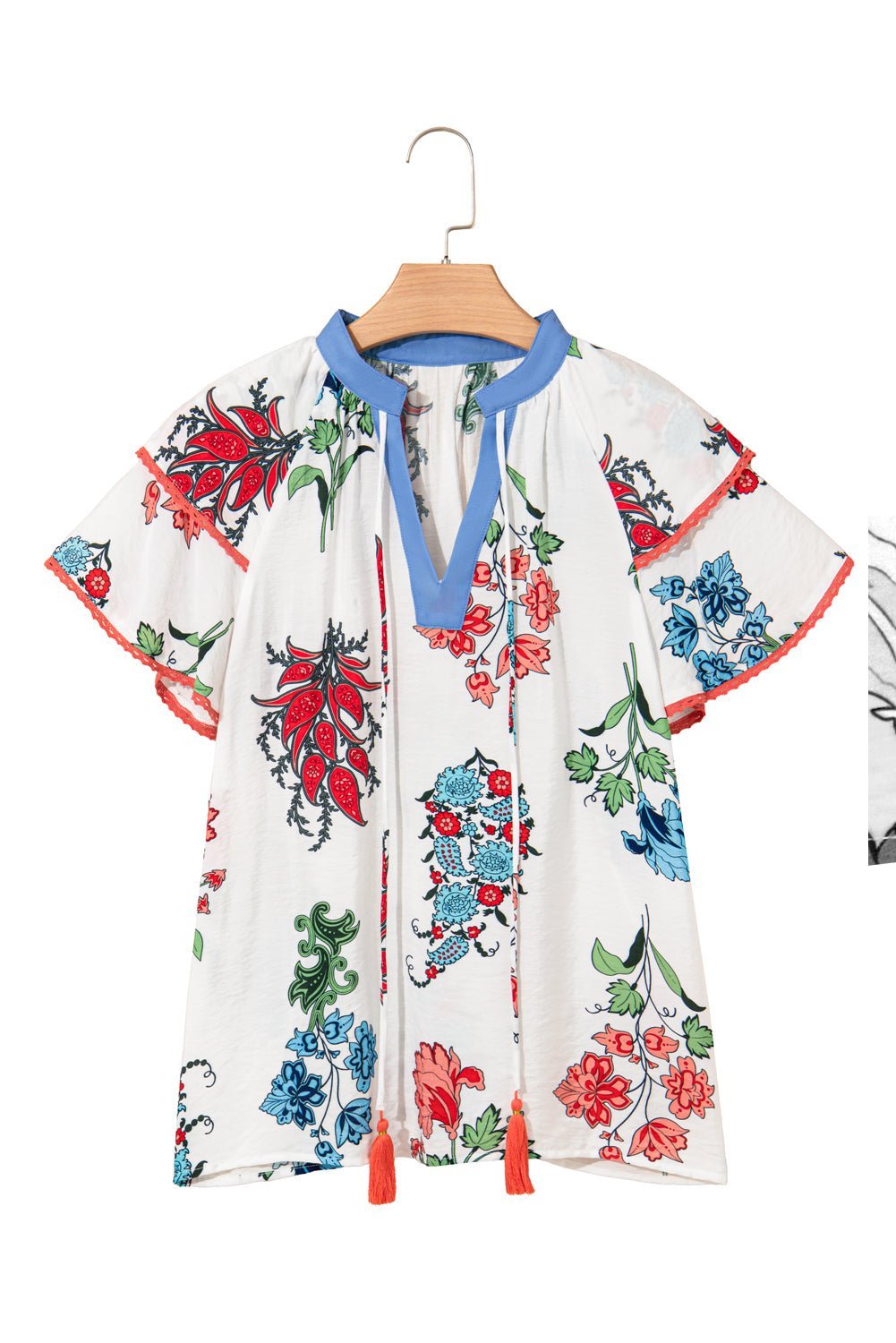 White Floral Tassel Tie V - Neck Lace Trim Ruffle Blouse - MAD RUFFI