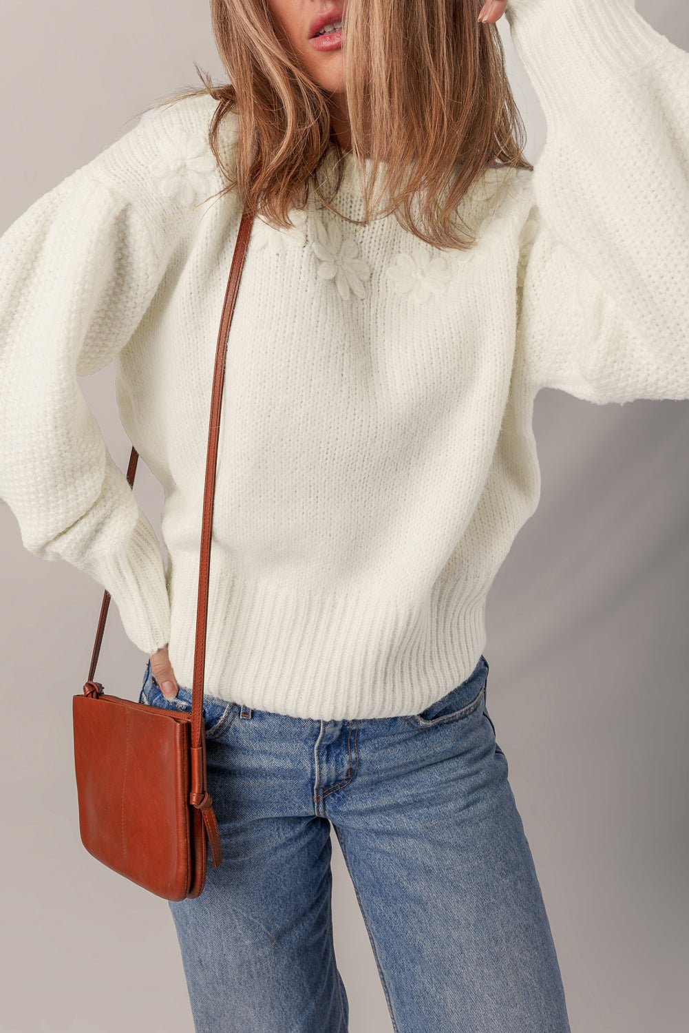 White Flower Detail Round Neck Contrast Textured Puff Sleeve Sweater - MAD RUFFI