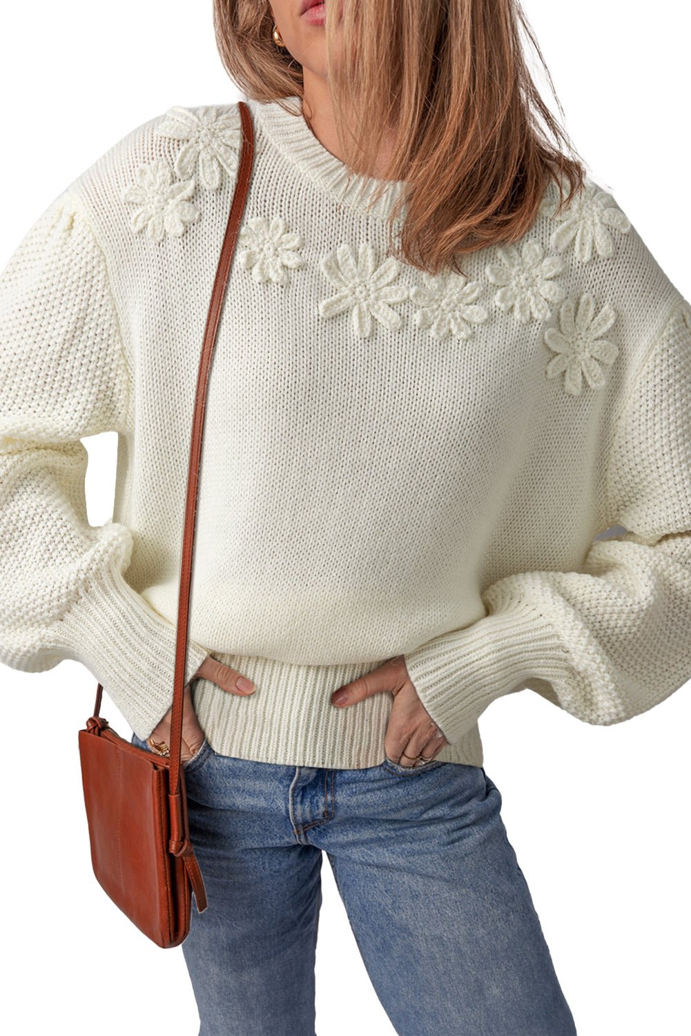 White Flower Detail Round Neck Contrast Textured Puff Sleeve Sweater - MAD RUFFI