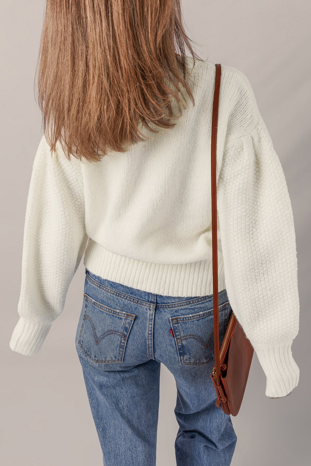 White Flower Detail Round Neck Contrast Textured Puff Sleeve Sweater - MAD RUFFI