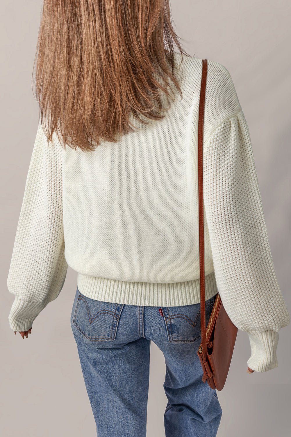 White Flower Detail Round Neck Contrast Textured Puff Sleeve Sweater - MAD RUFFI