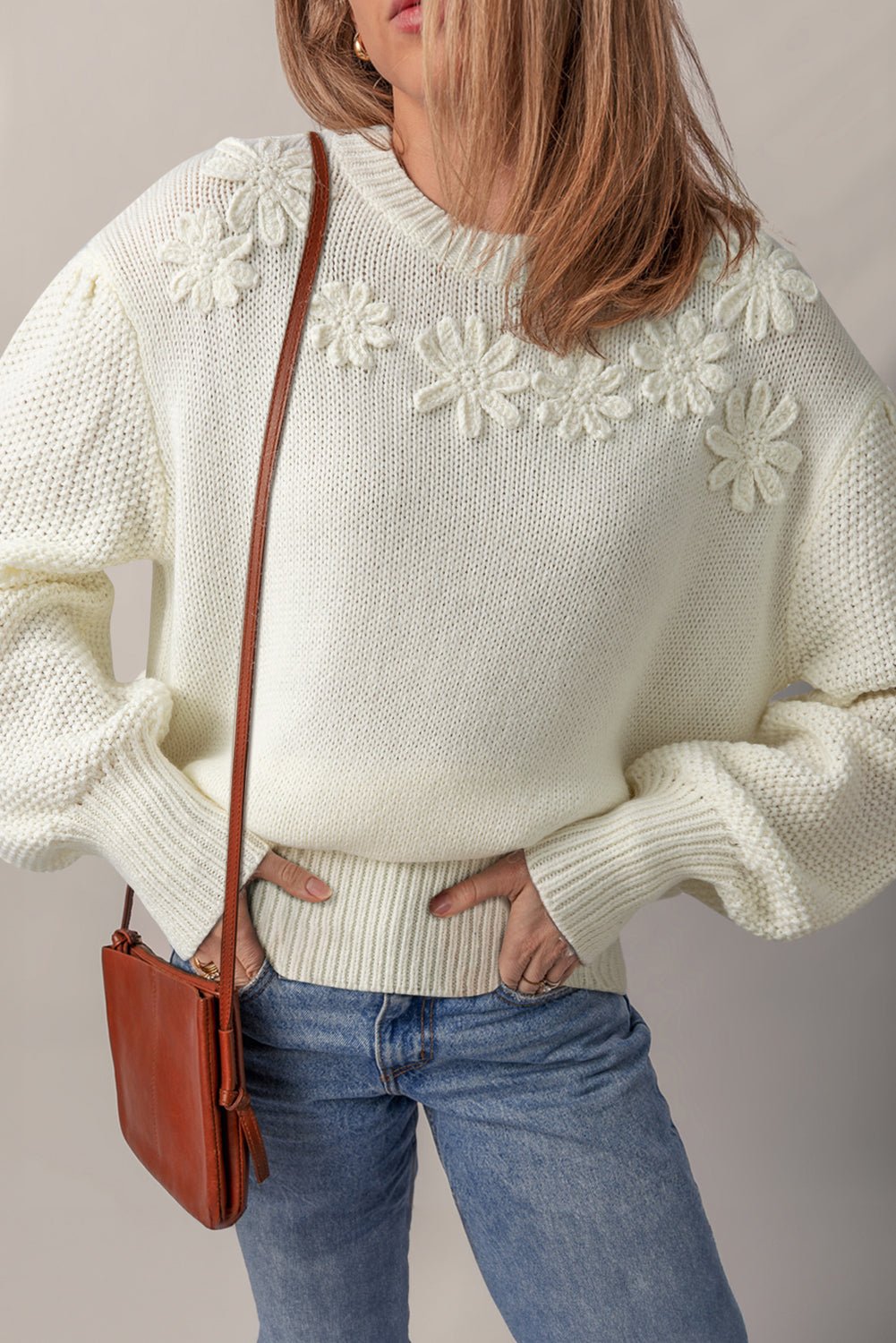 White Flower Detail Round Neck Contrast Textured Puff Sleeve Sweater - MAD RUFFI