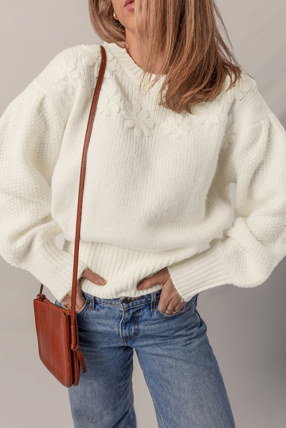 White Flower Detail Round Neck Contrast Textured Puff Sleeve Sweater - MAD RUFFI