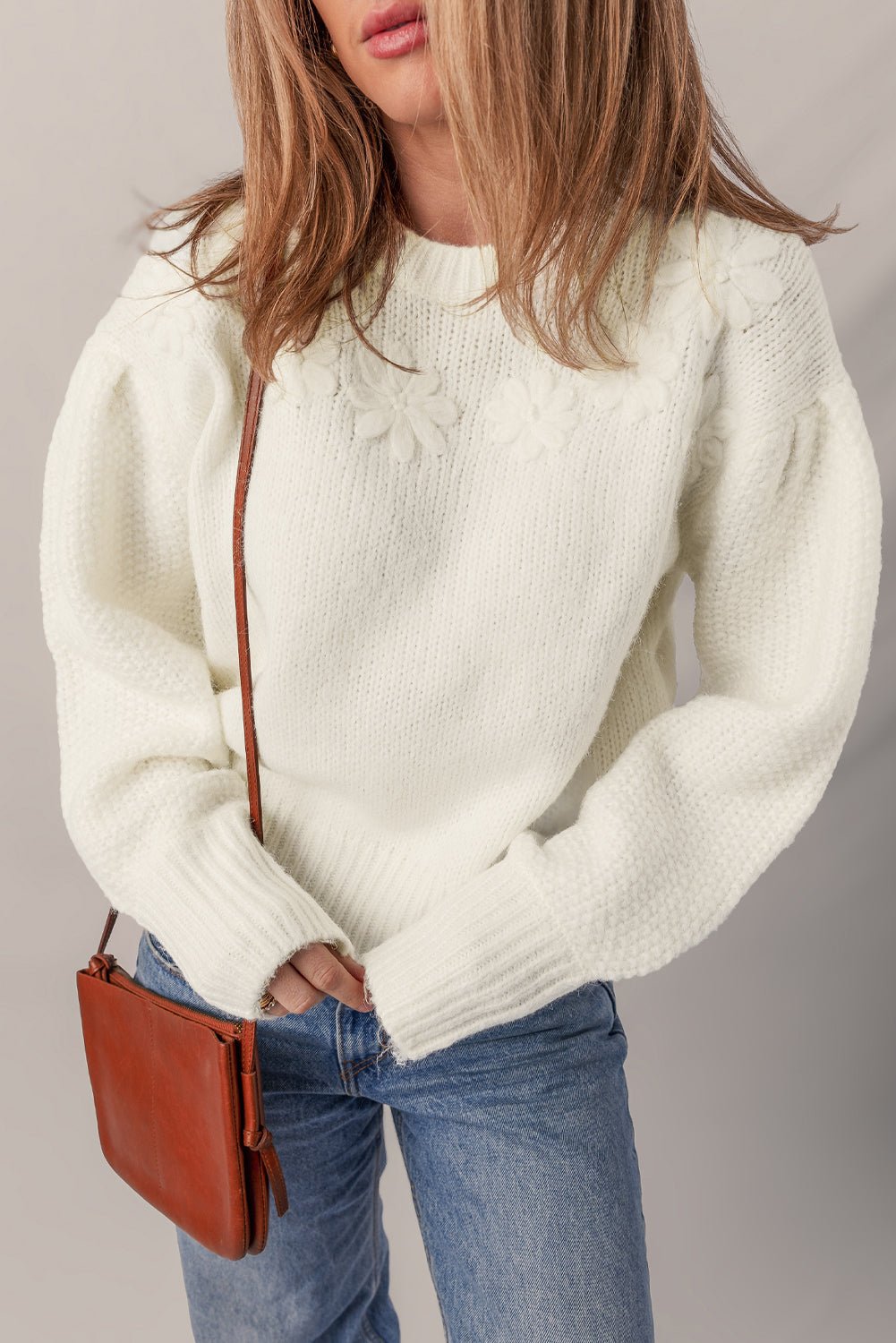 White Flower Detail Round Neck Contrast Textured Puff Sleeve Sweater - MAD RUFFI