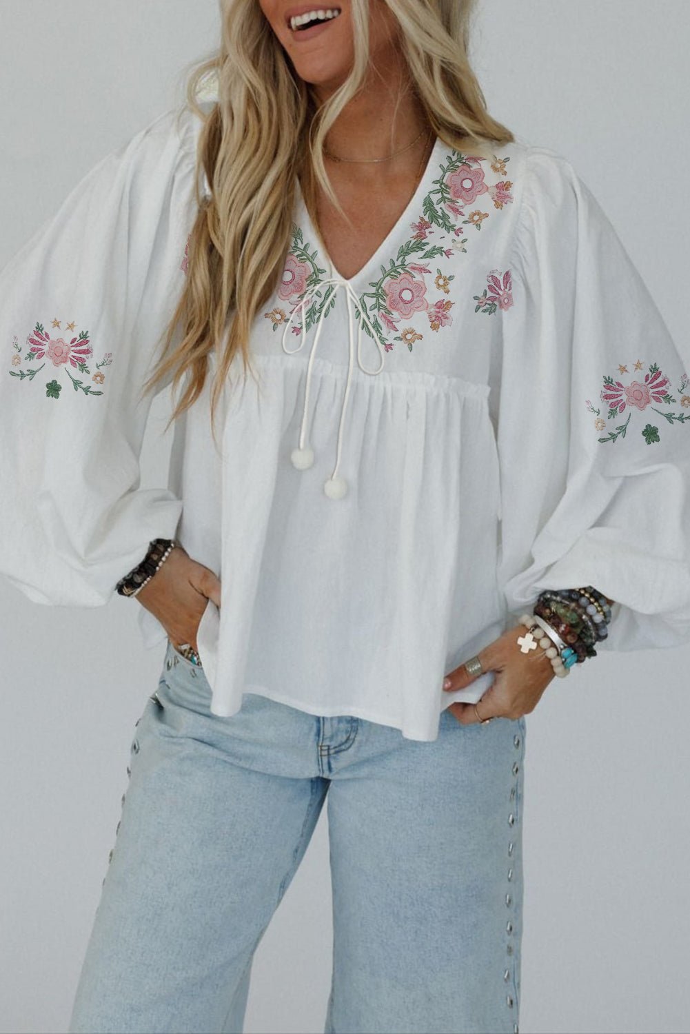 White Flower Lace - up V Neck Flowy Babydoll Blouse - MAD RUFFI