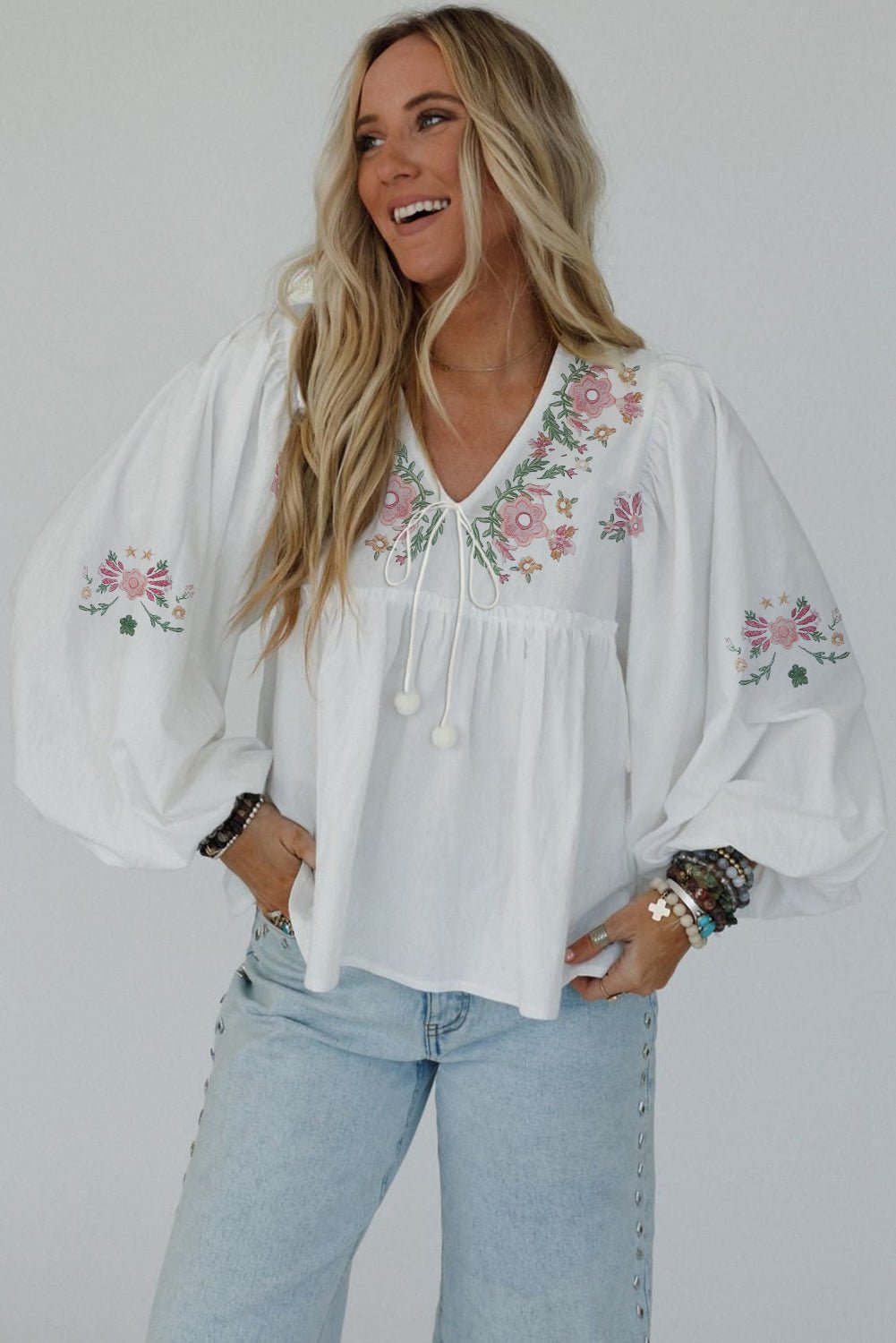 White Flower Lace - up V Neck Flowy Babydoll Blouse - MAD RUFFI