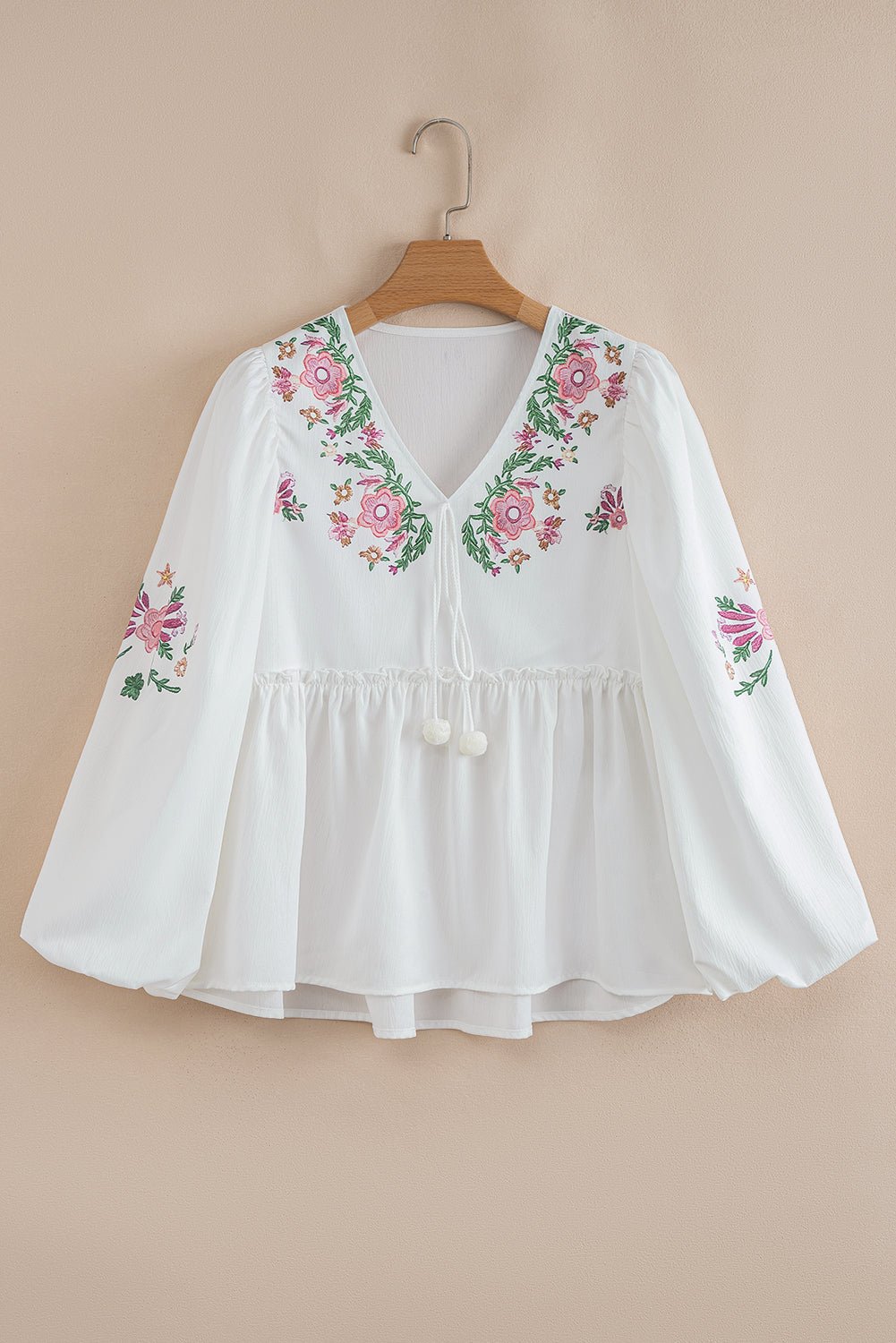 White Flower Lace - up V Neck Flowy Babydoll Blouse - MAD RUFFI