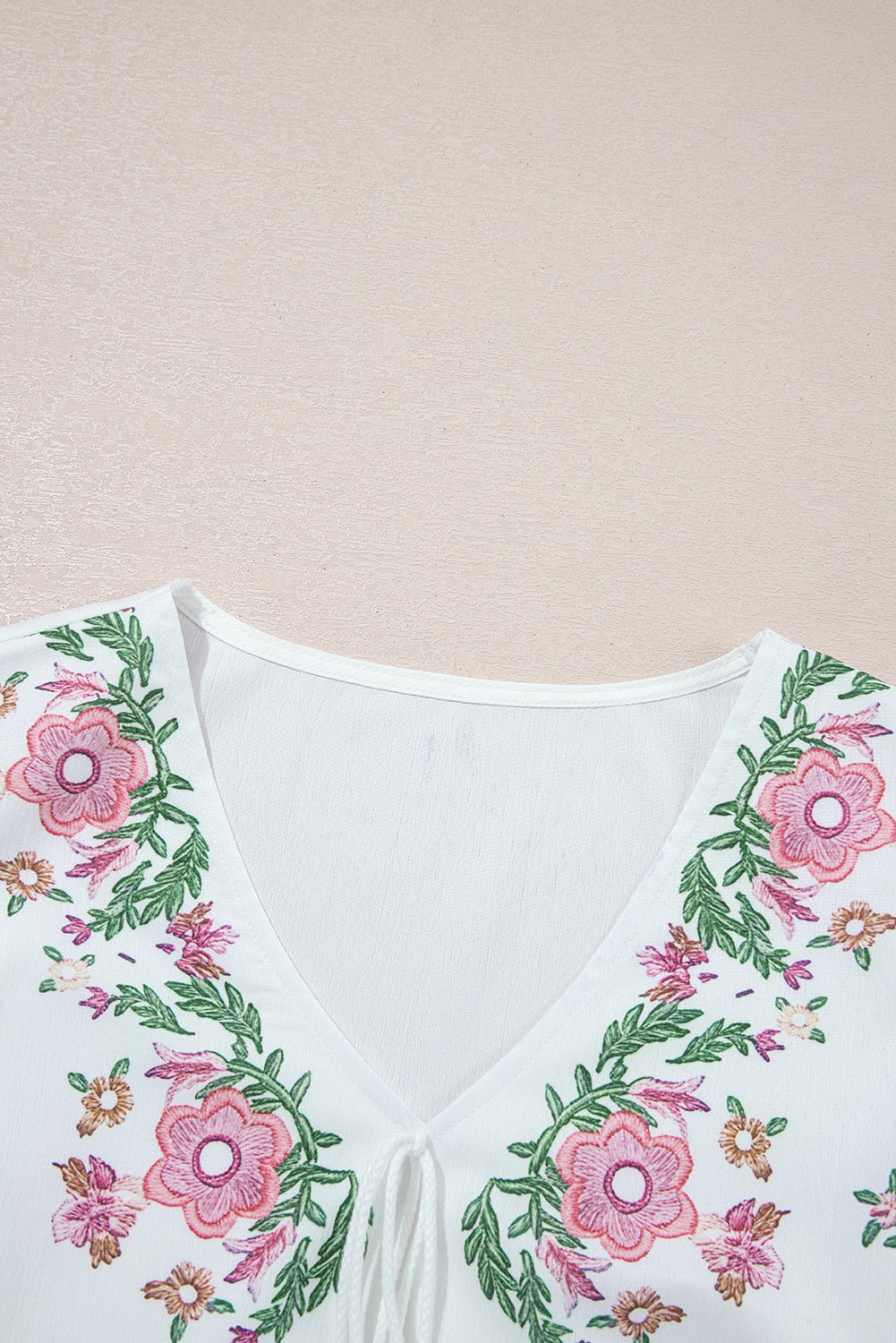 White Flower Lace - up V Neck Flowy Babydoll Blouse - MAD RUFFI
