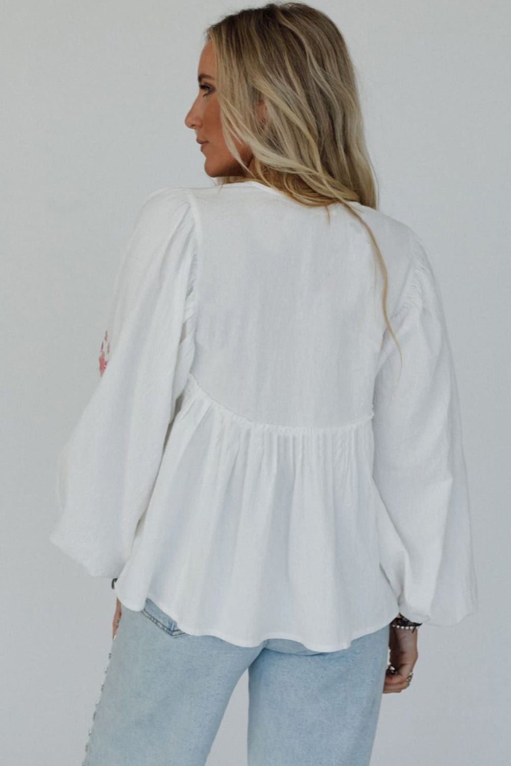 White Flower Lace - up V Neck Flowy Babydoll Blouse - MAD RUFFI