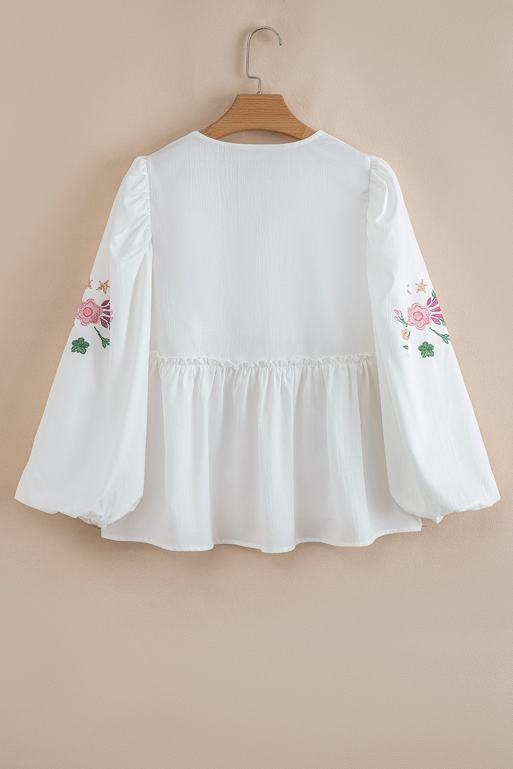 White Flower Lace - up V Neck Flowy Babydoll Blouse - MAD RUFFI