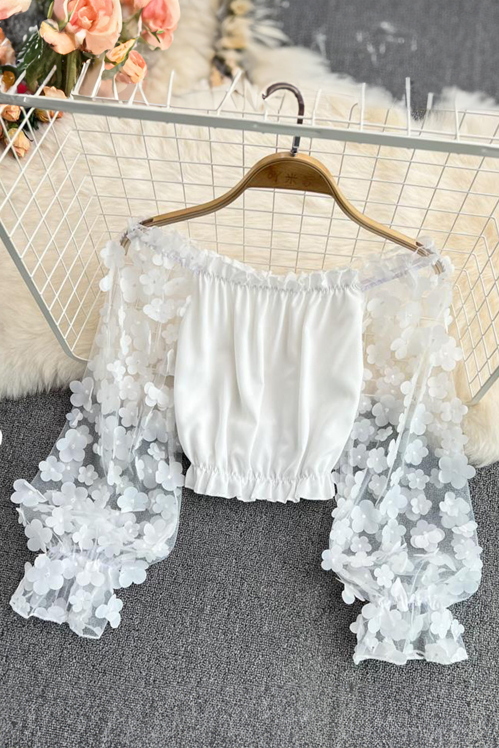 White Flower Mesh Sleeve Off-Shoulder Cropped Blouse - MAD RUFFI