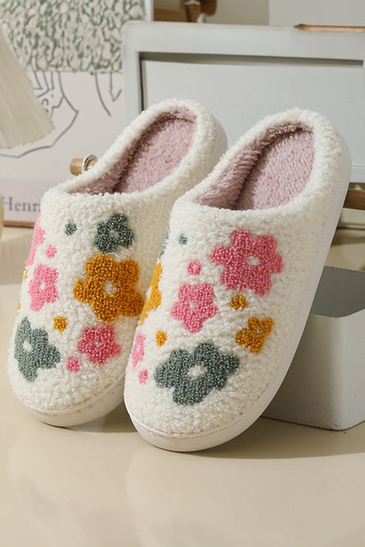 White Flower Pattern Slip On Plush Home Slippers - MAD RUFFI