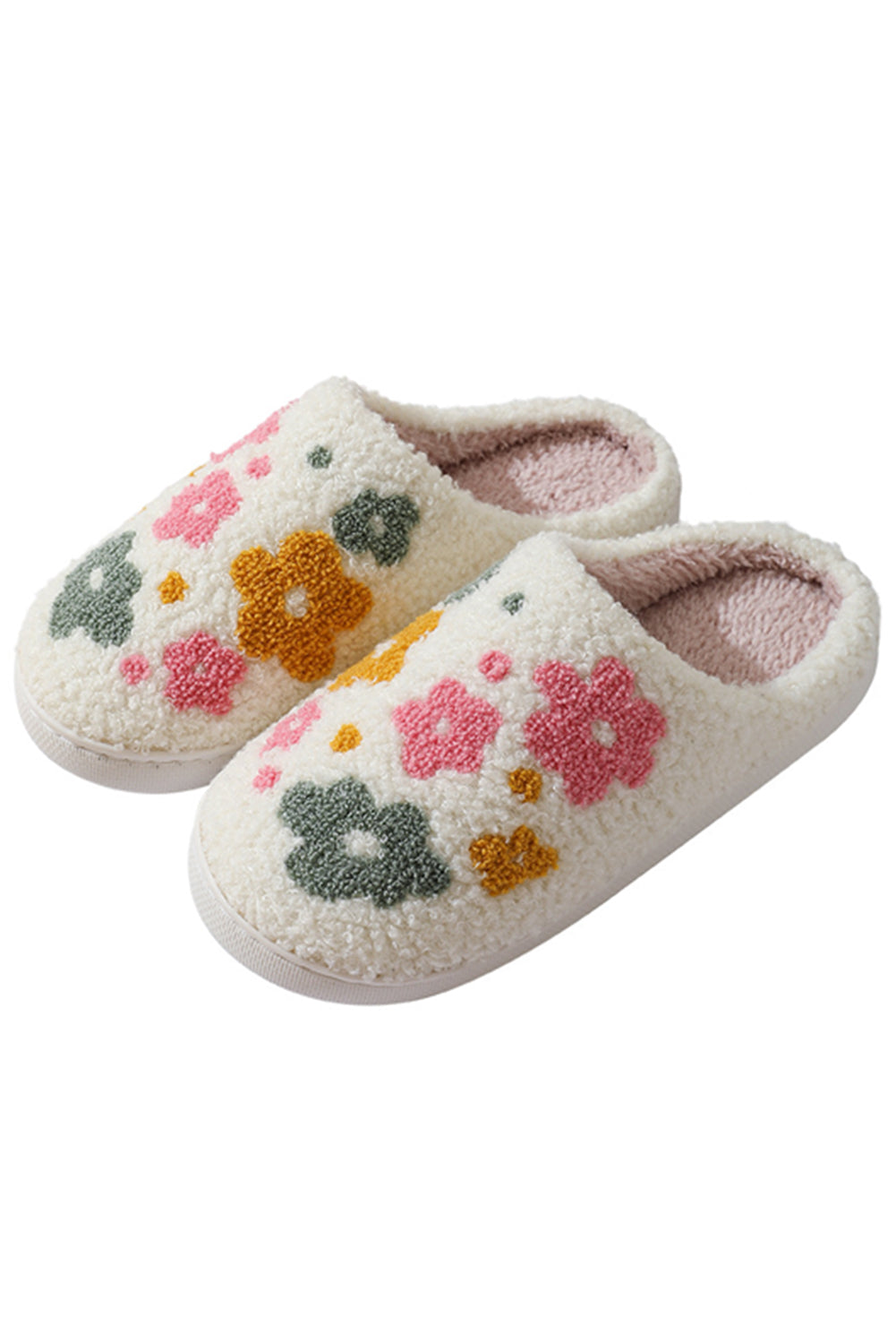 White Flower Pattern Slip On Plush Home Slippers - MAD RUFFI