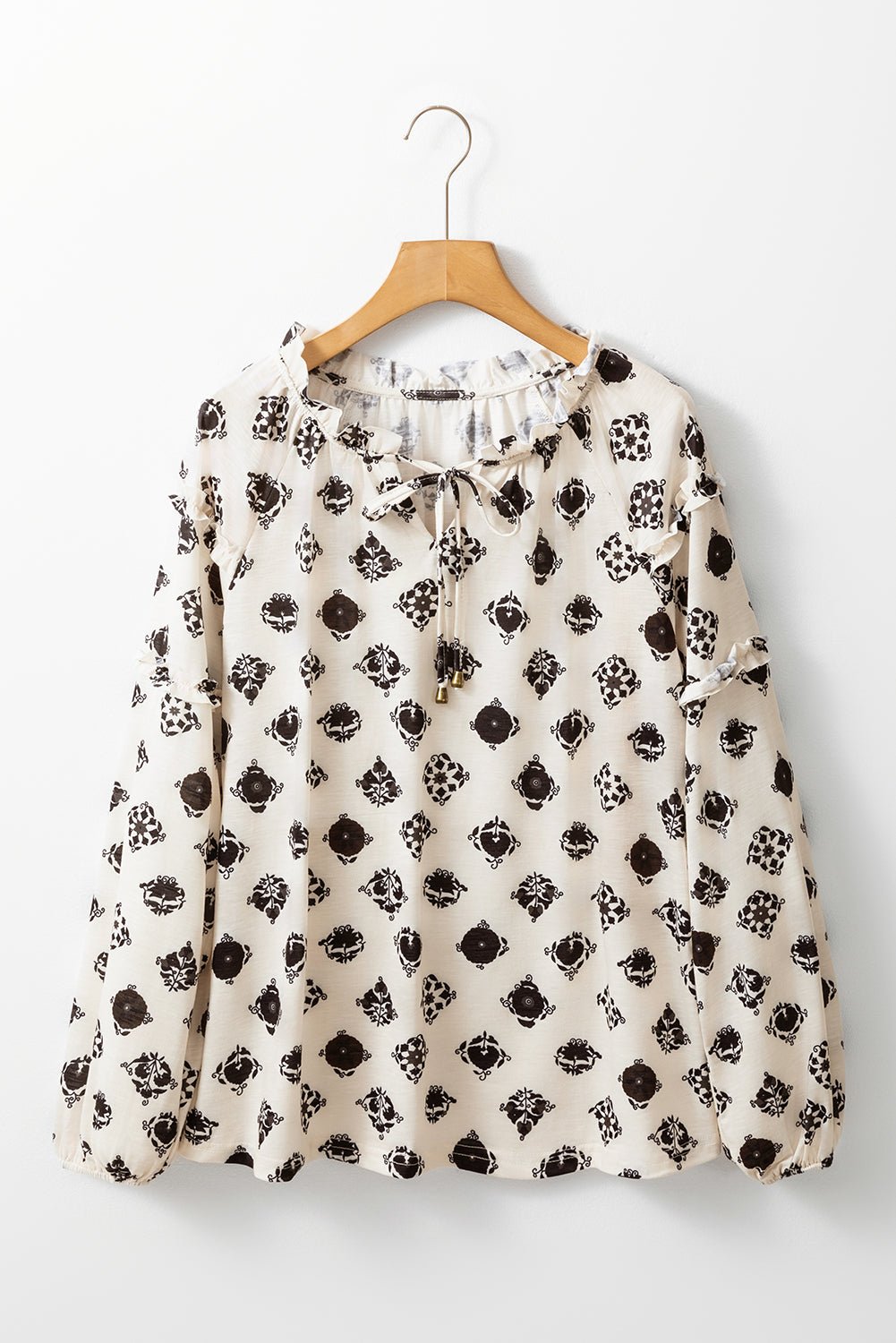 White Flower Print Split Neck Bubble Sleeve Loose Blouse - MAD RUFFI