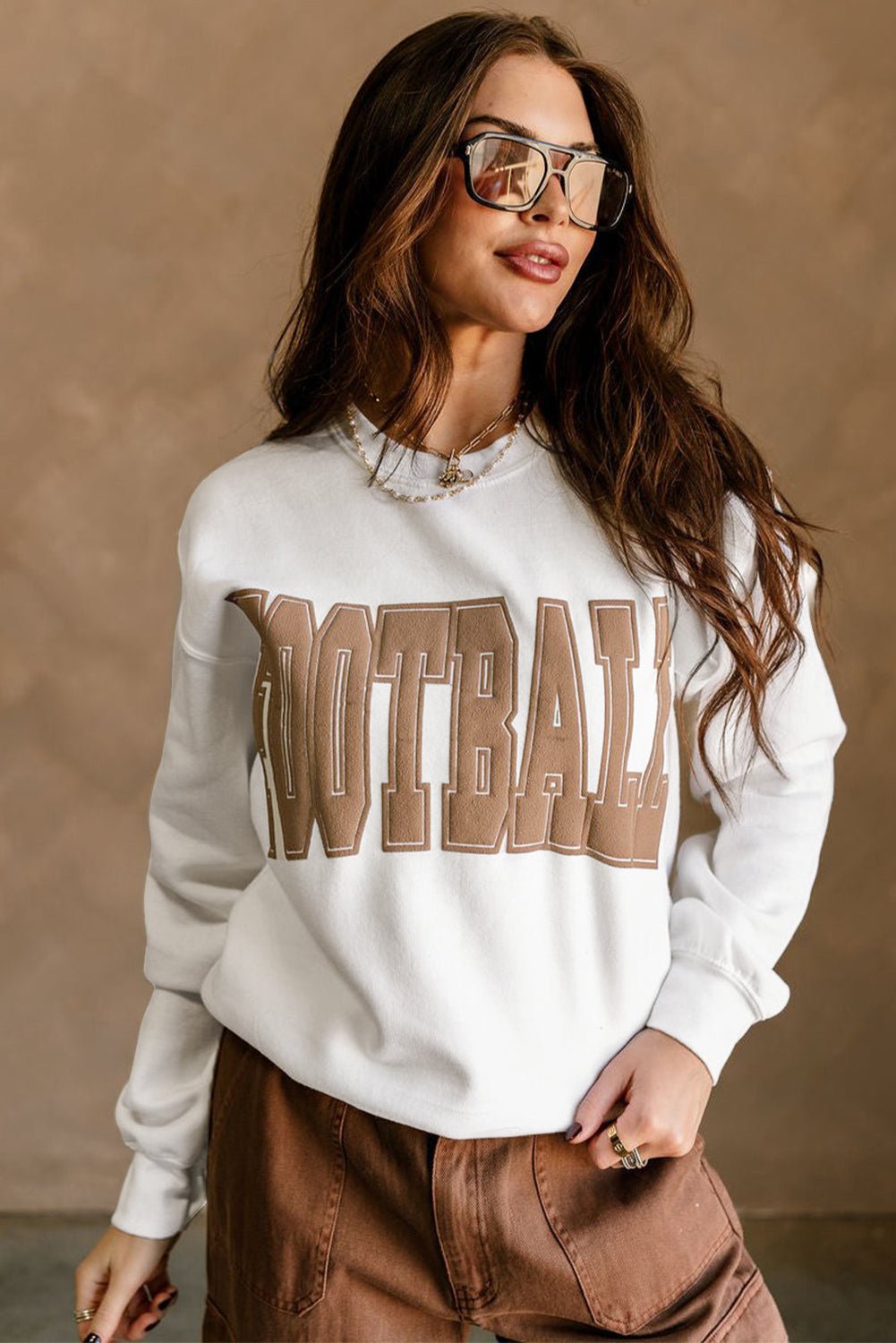 White FOOTBALL Letter Graphic Crew Neck Sweatshirt - MAD RUFFI