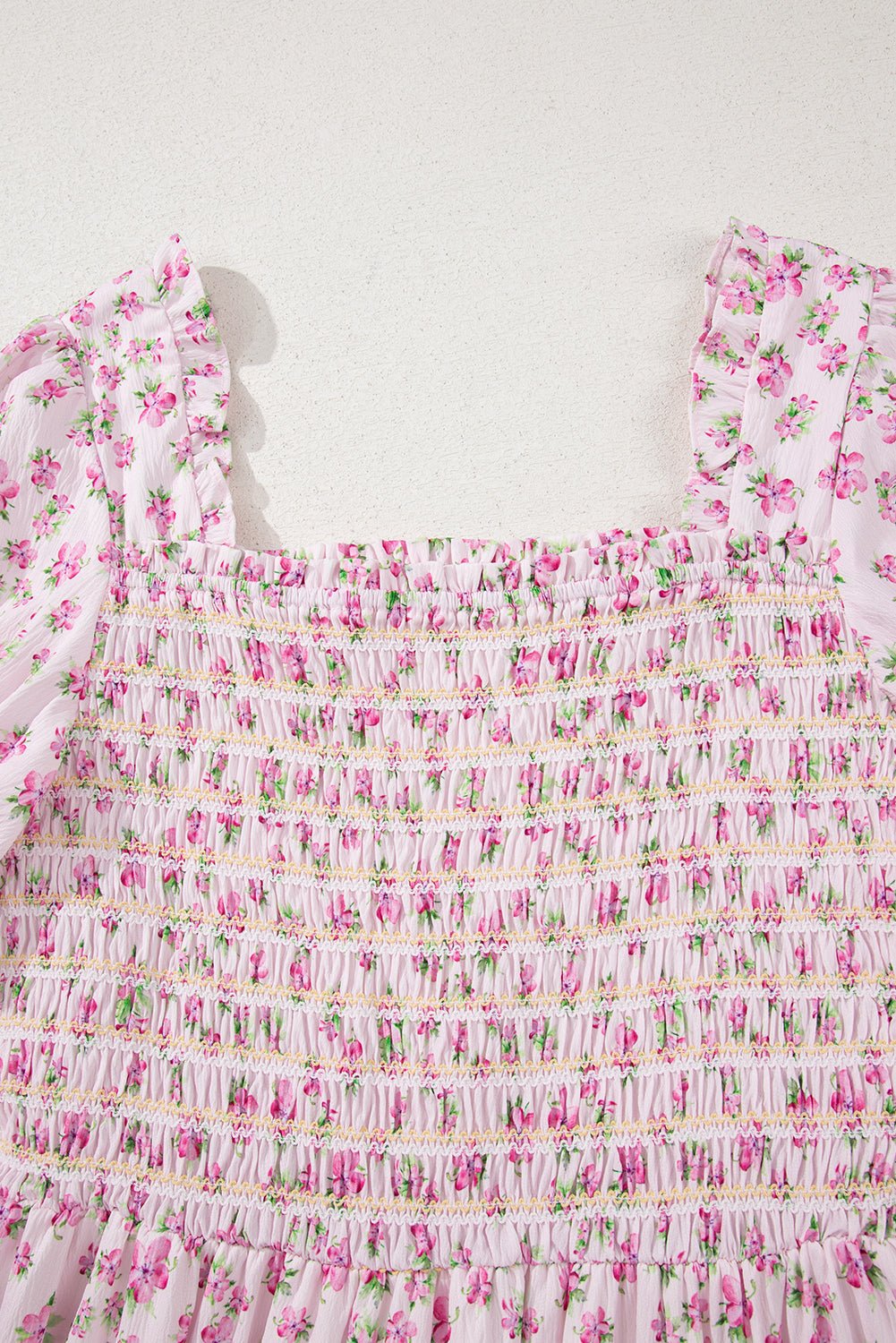 White Frill Neckline Shirred Bodice Floral Maxi Dress - MAD RUFFI