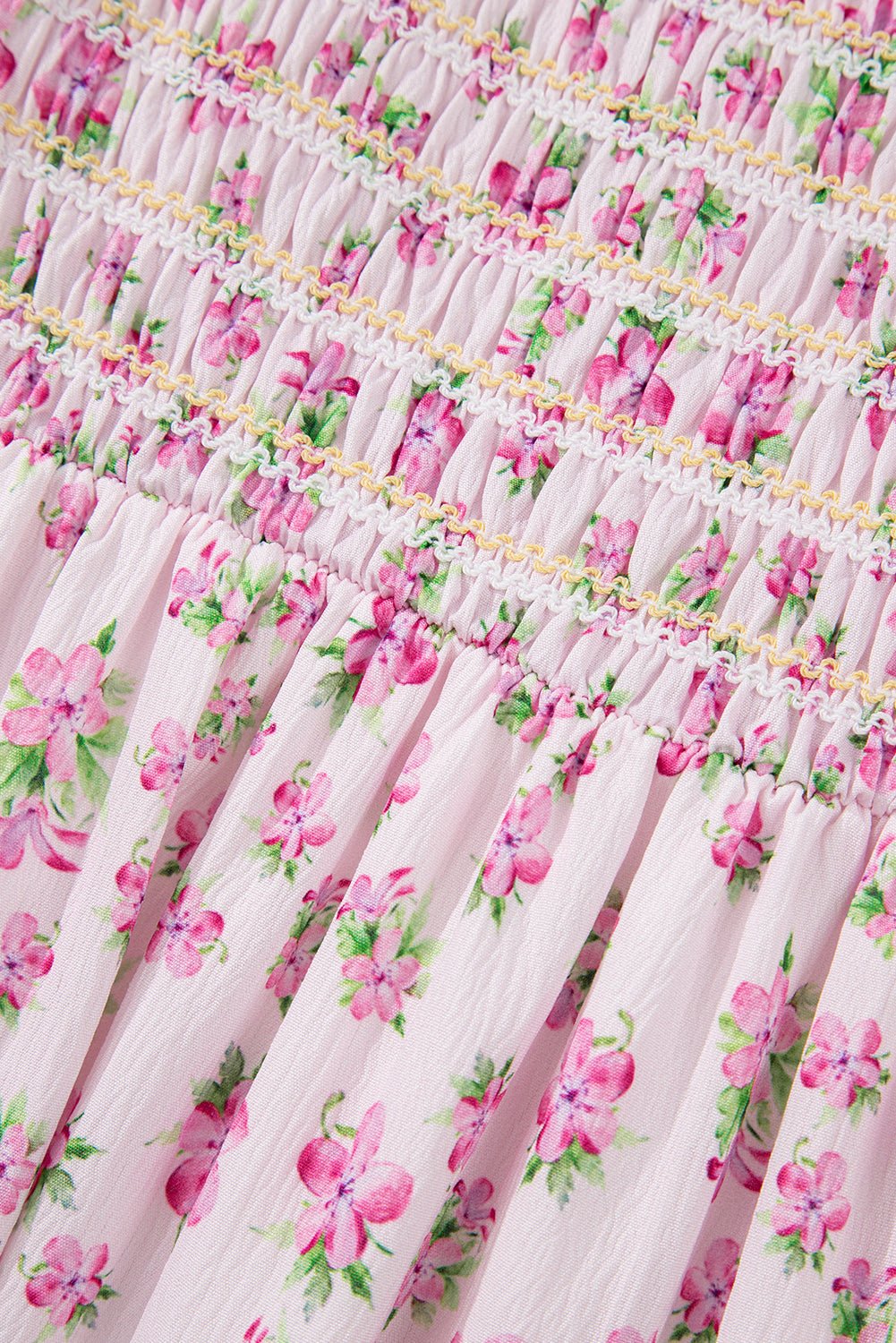 White Frill Neckline Shirred Bodice Floral Maxi Dress - MAD RUFFI