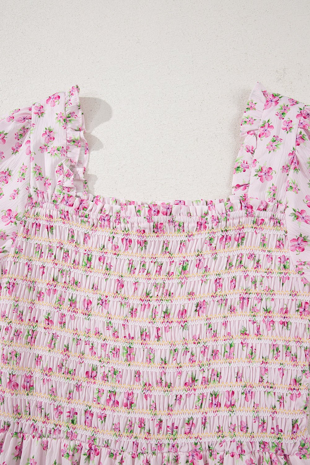 White Frill Neckline Shirred Bodice Floral Maxi Dress - MAD RUFFI